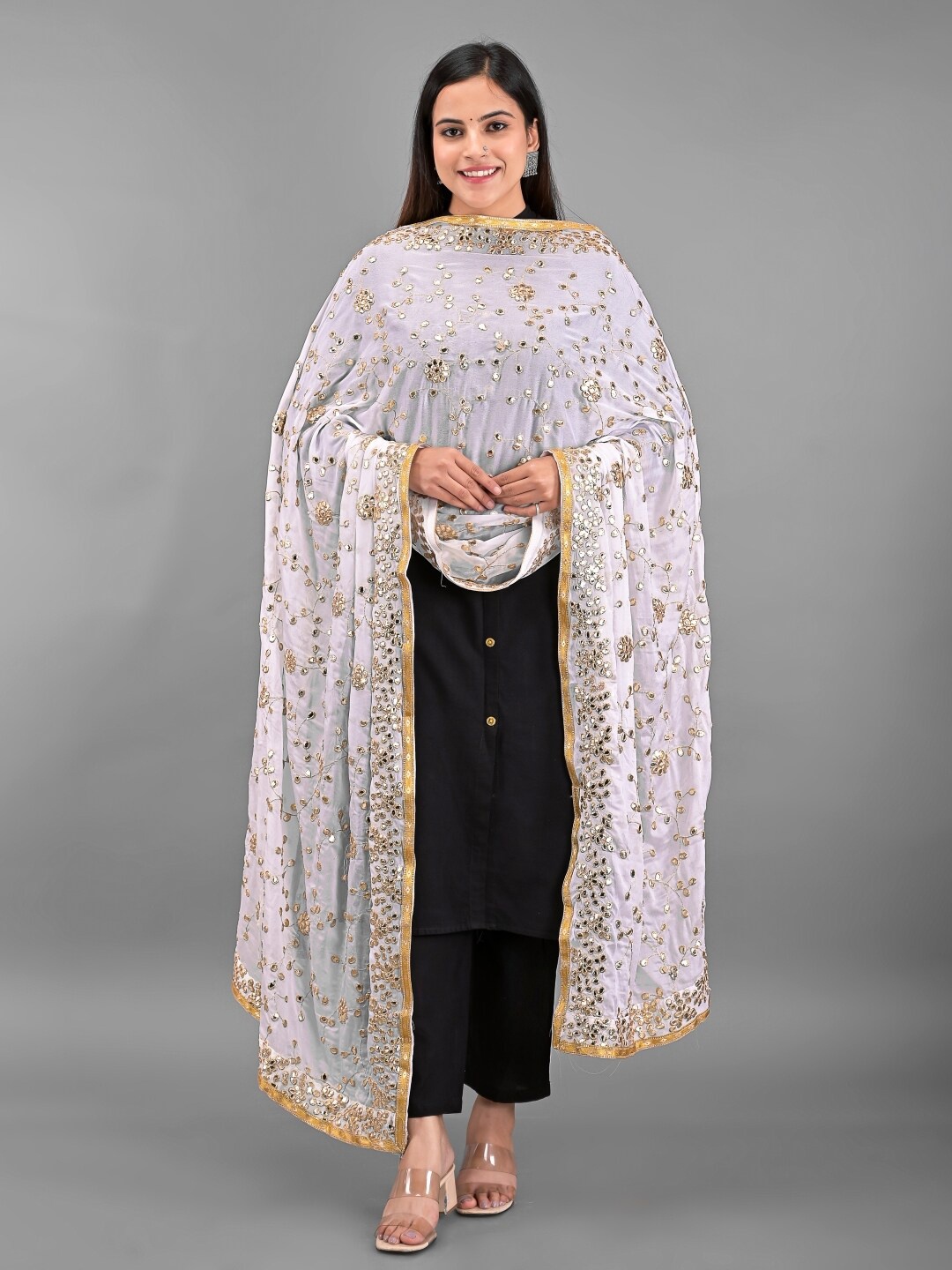 

Apratim White Woven Design Dupatta with Gotta Patti