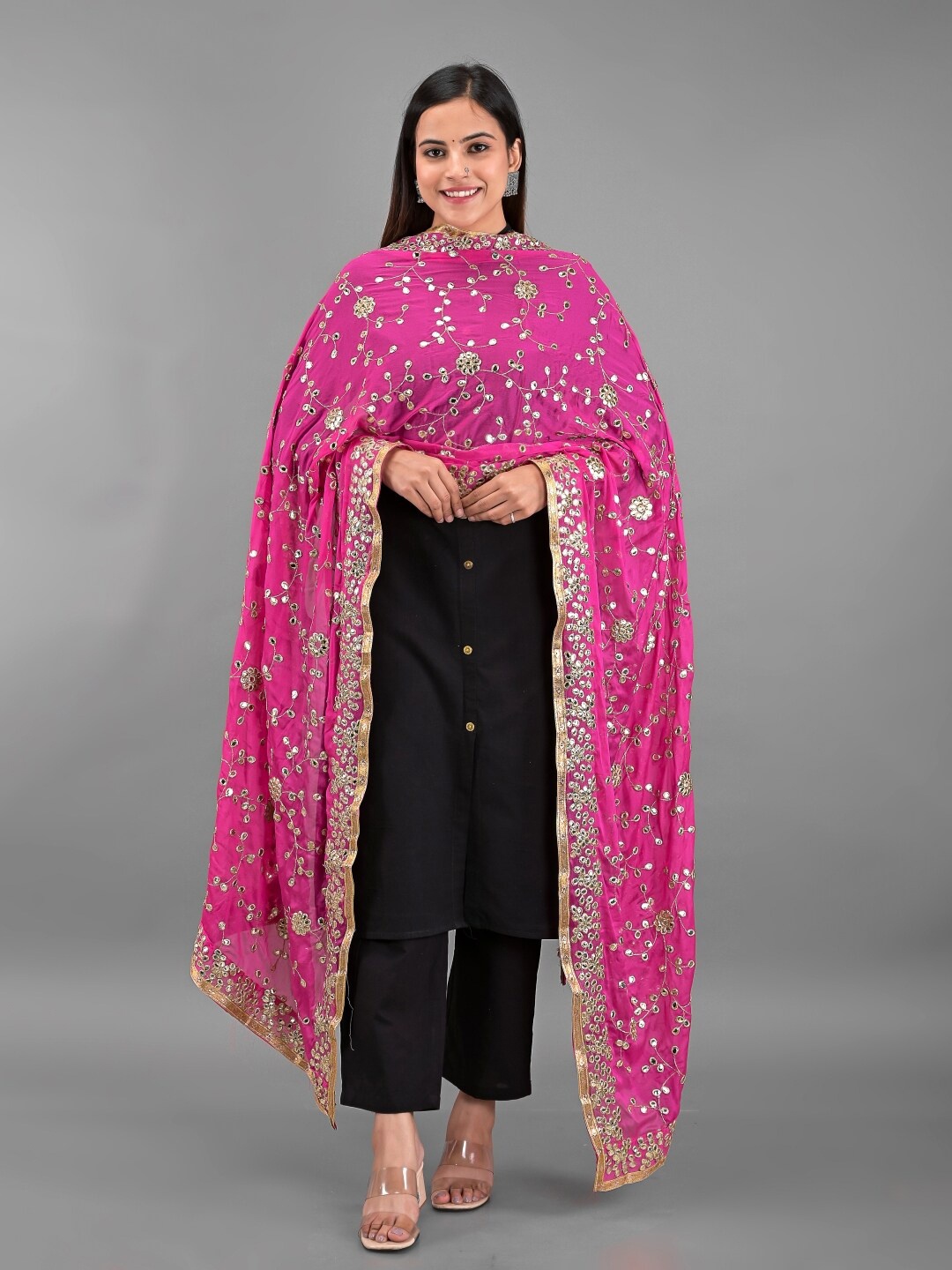 

Apratim Pink & Silver-Toned Embroidered Dupatta with Gotta Patti