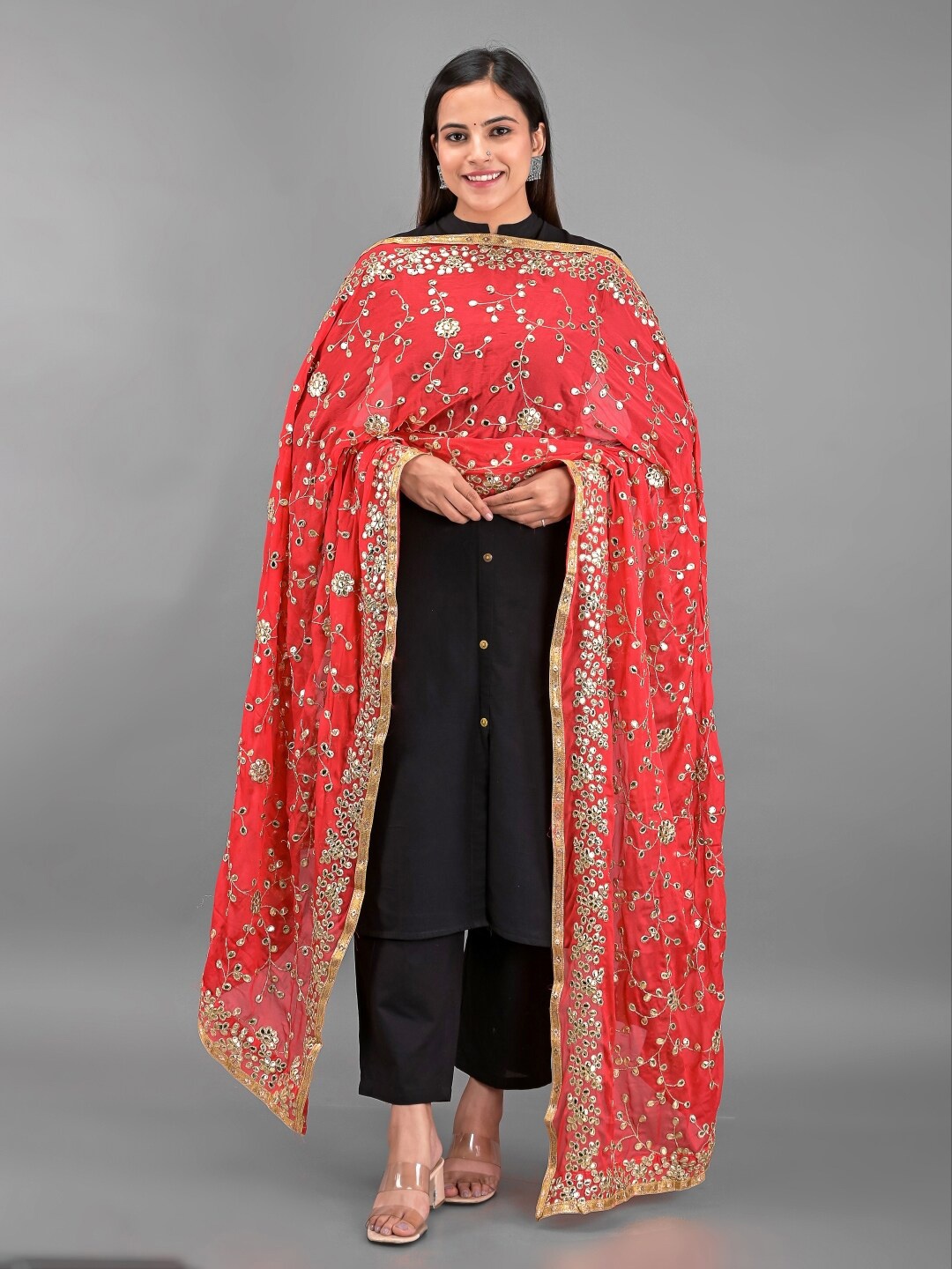 

Apratim Red & Silver-Toned Embroidered Dupatta with Gotta Patti