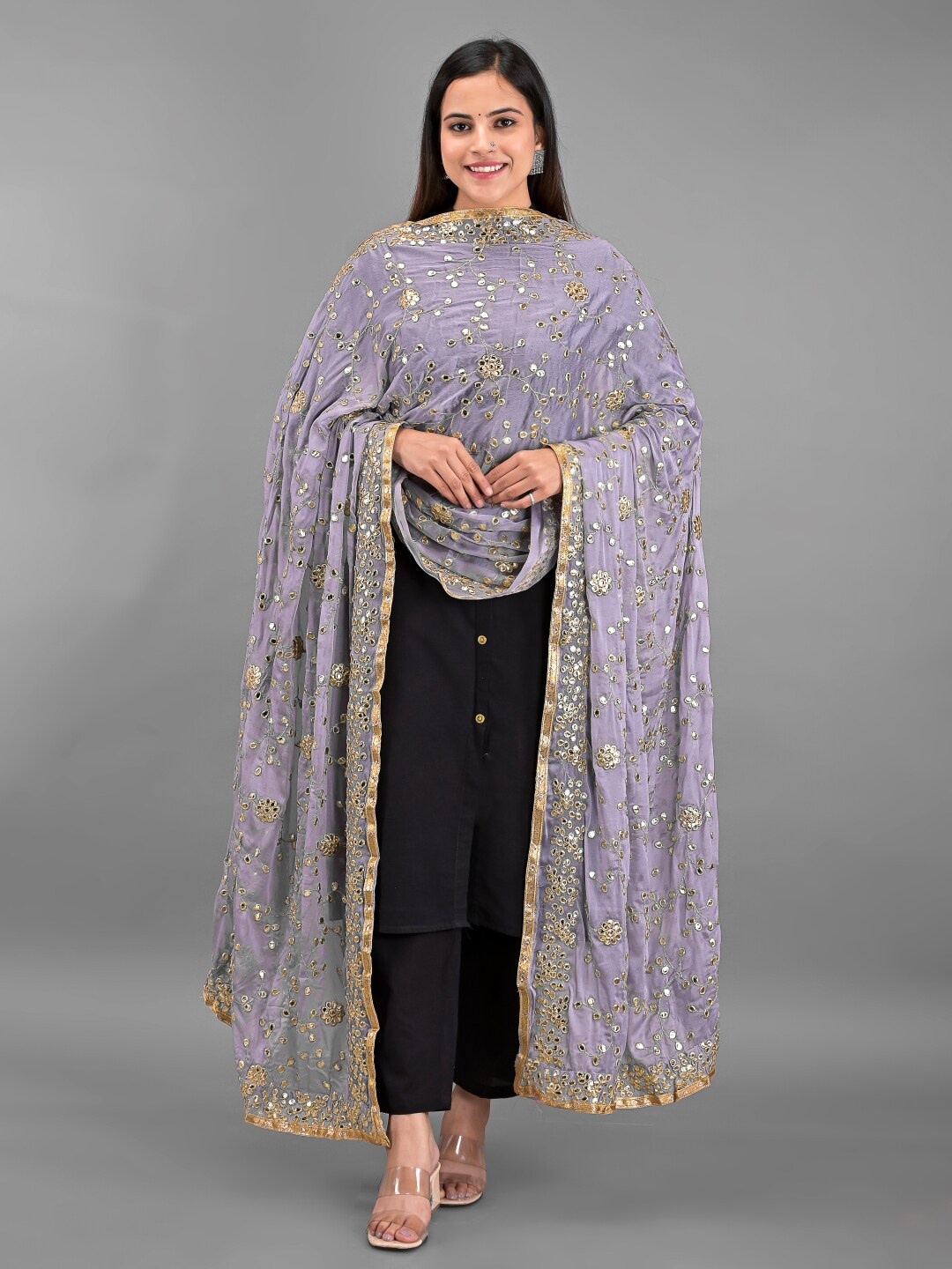 

Apratim Grey & Purple Ethnic Motifs Embroidered Dupatta with Gotta Patti