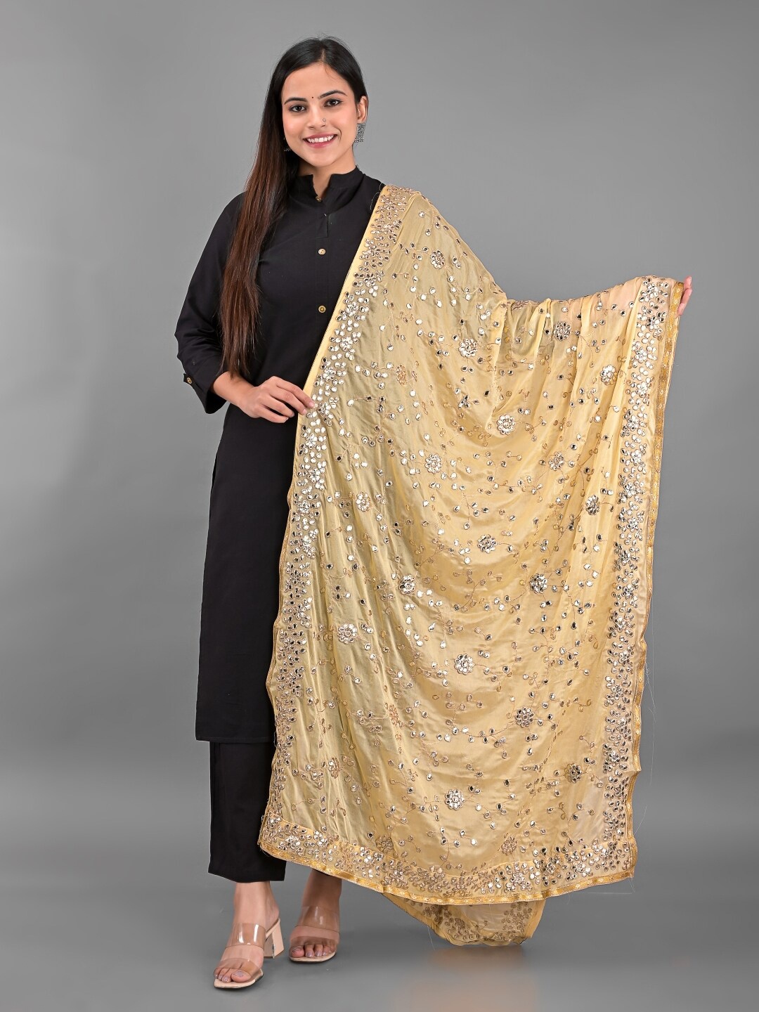 

Apratim Gold-Toned & Black Embroidered Dupatta with Gotta Patti