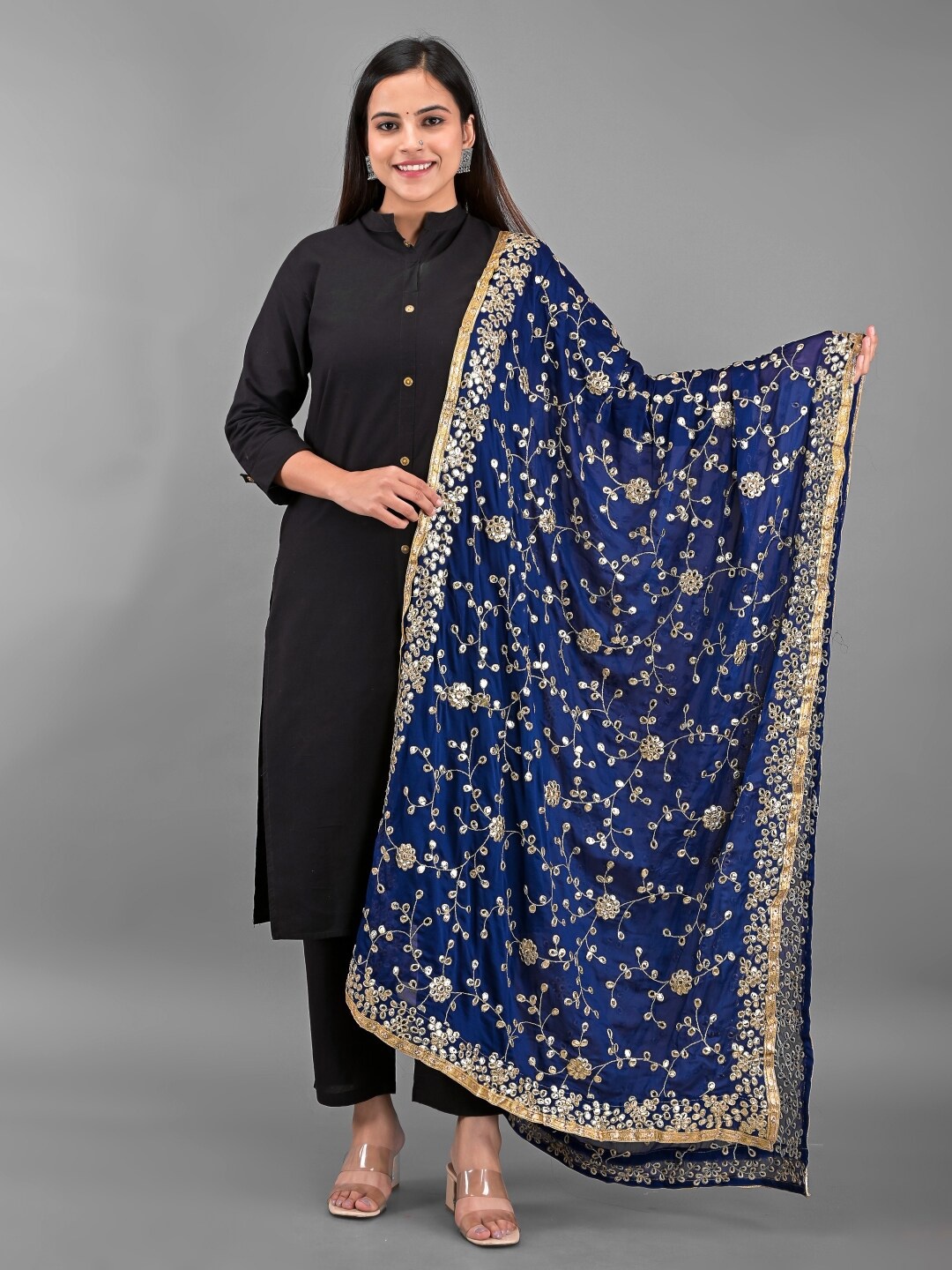 

Apratim Blue & Gold-Toned Woven Design Dupatta with Gotta Patti