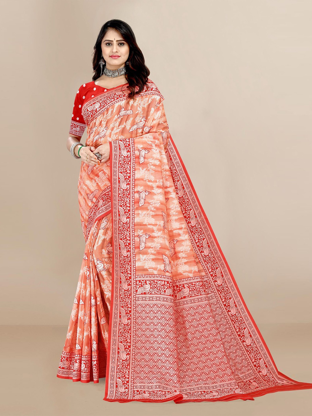 

VAIRAGEE Women Ethnic Motifs Woven Design Silk Cotton Saree, Peach