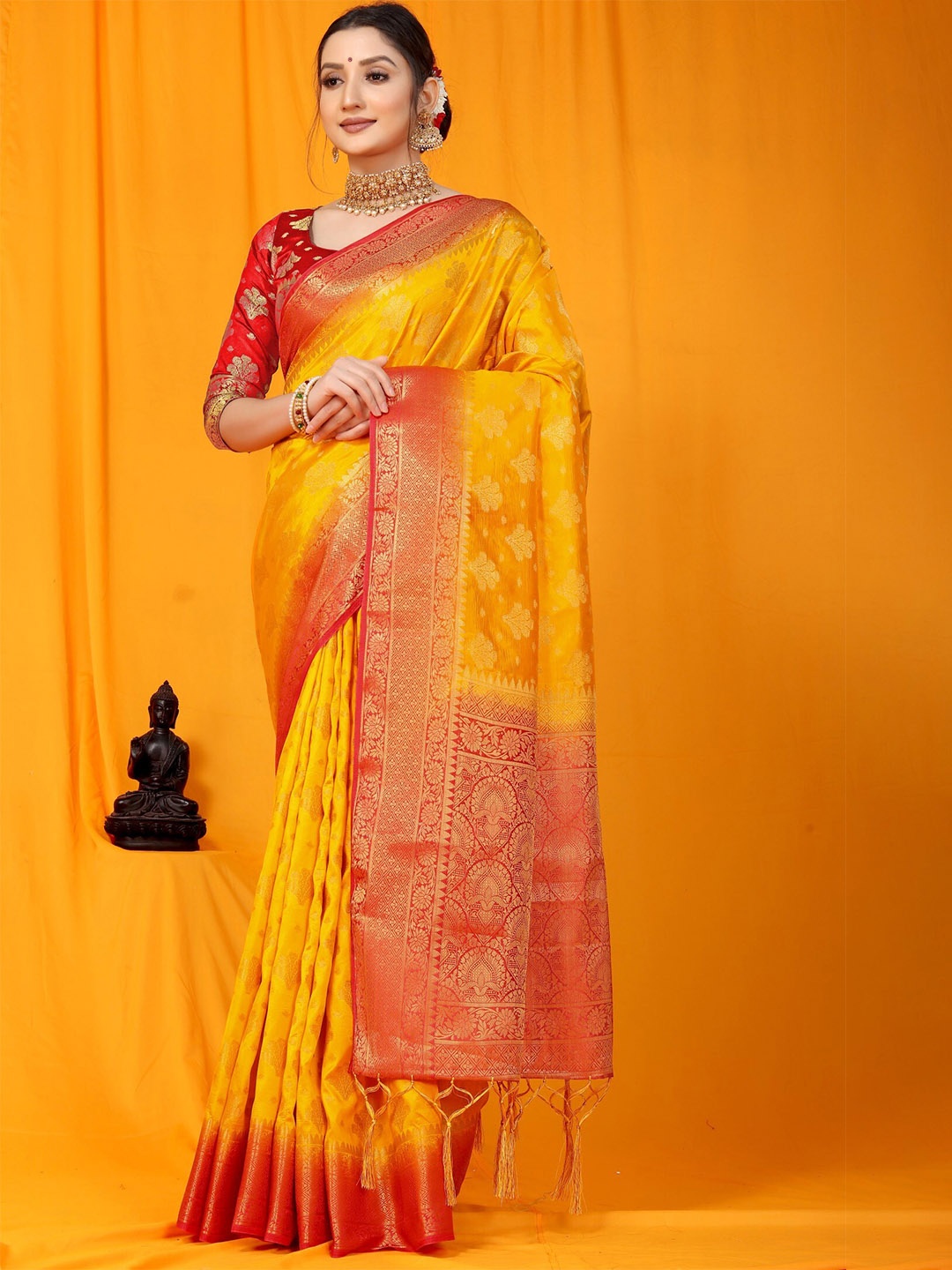 

Anaita Yellow & Red Woven Design Zari Pure Silk Banarasi Saree