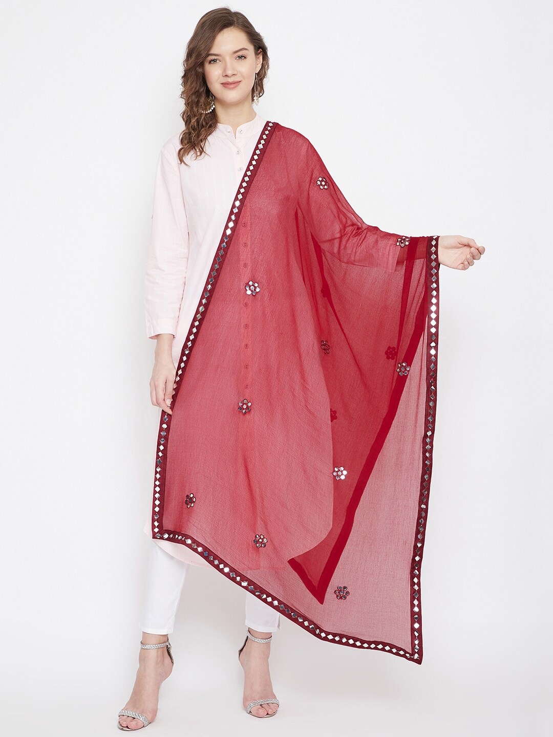 

Clora Creation Maroon Embroidered Chiffon Dupatta with Mirror Work