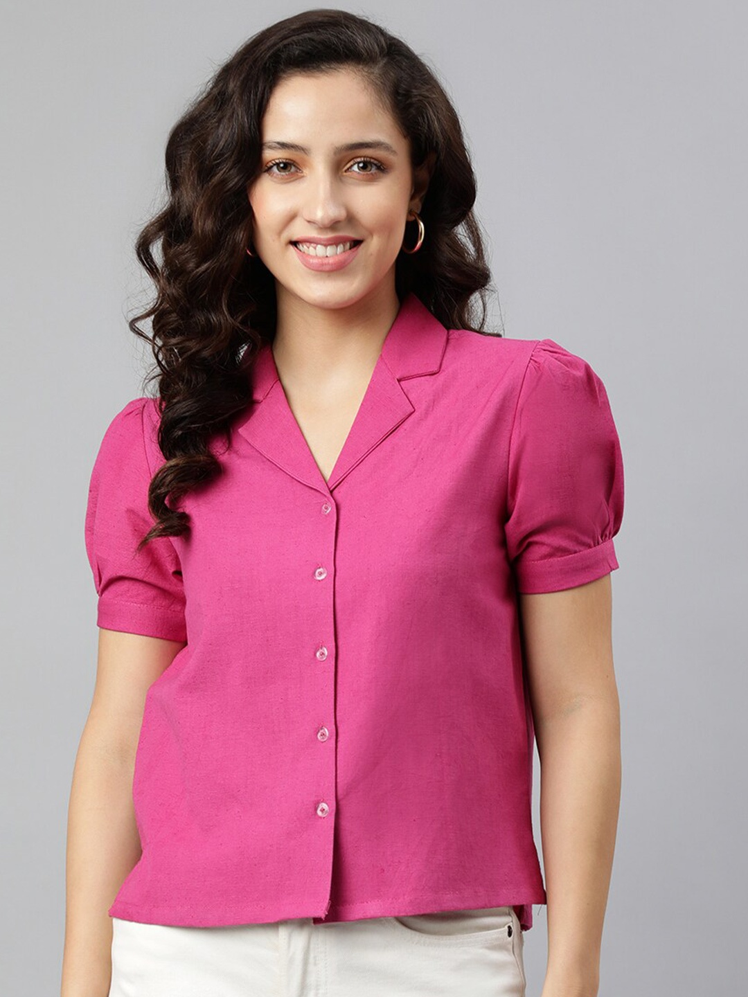 

DEEBACO Women Magenta Premium Puff Sleeves Casual Shirt