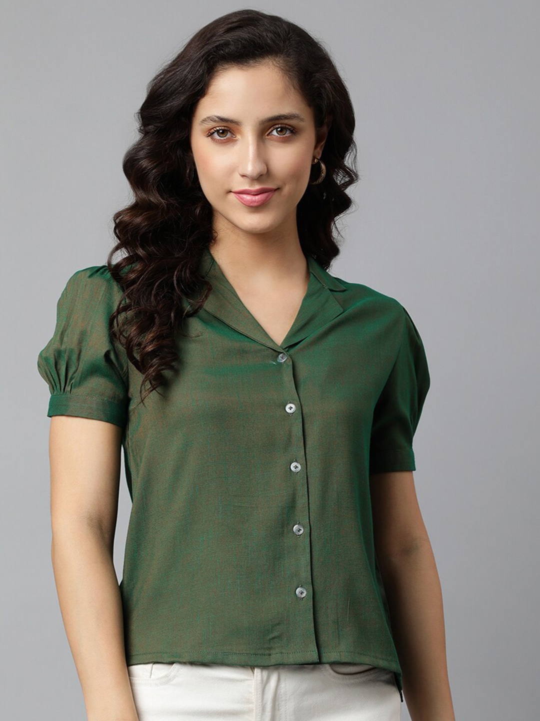 

DEEBACO Women Green Premium Puff Sleeves Casual Shirt