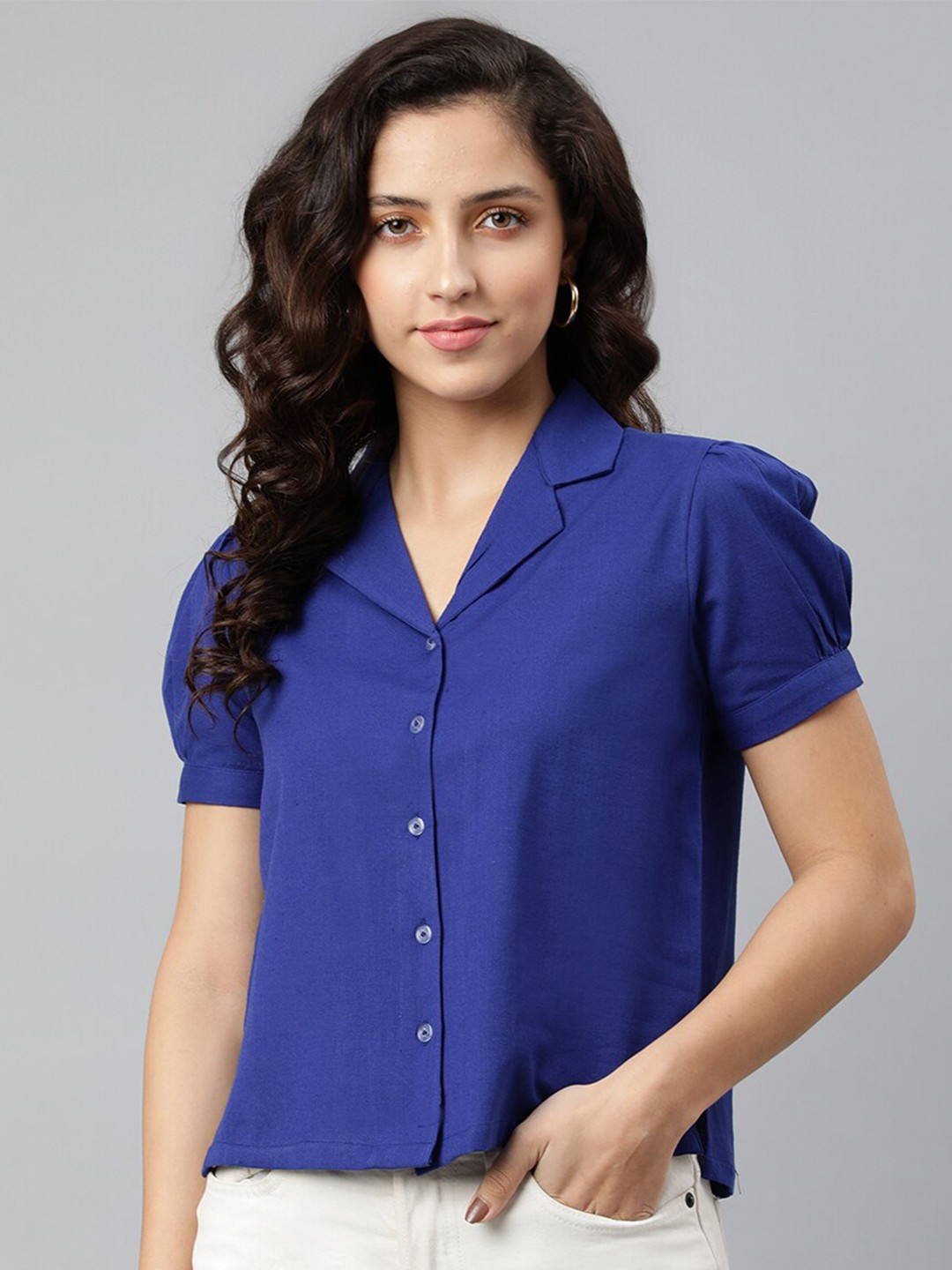 

DEEBACO Women Blue Premium Puff Sleeves Casual Shirt