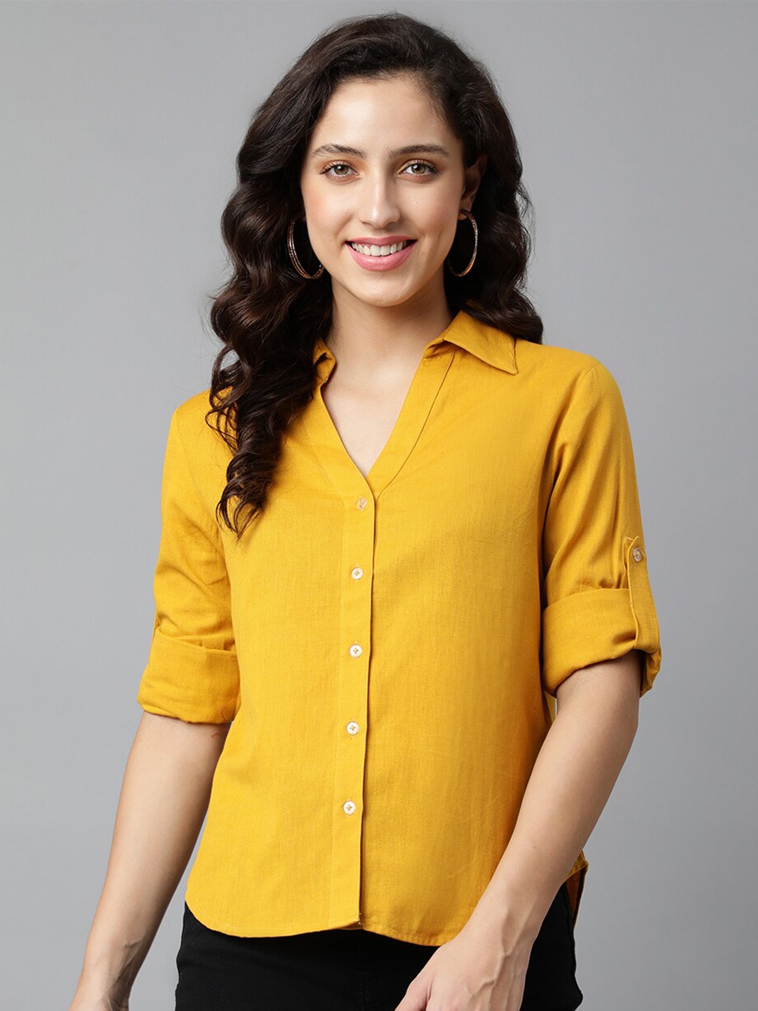 

DEEBACO Women Yellow Premium Roll-Up Sleeves Casual Shirt