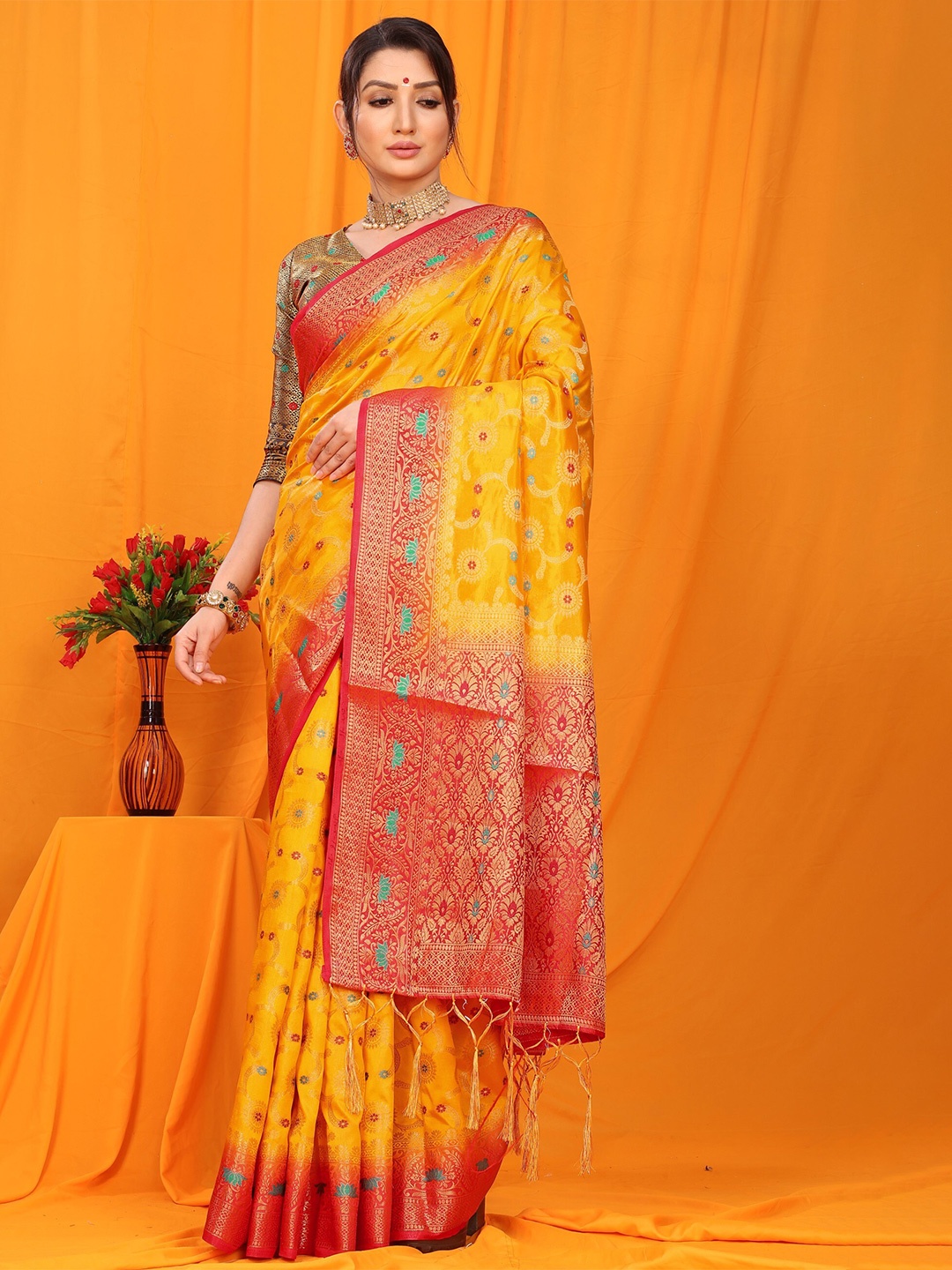 

Anaita Yellow & Red Woven Design Zari Pure Silk Banarasi Saree