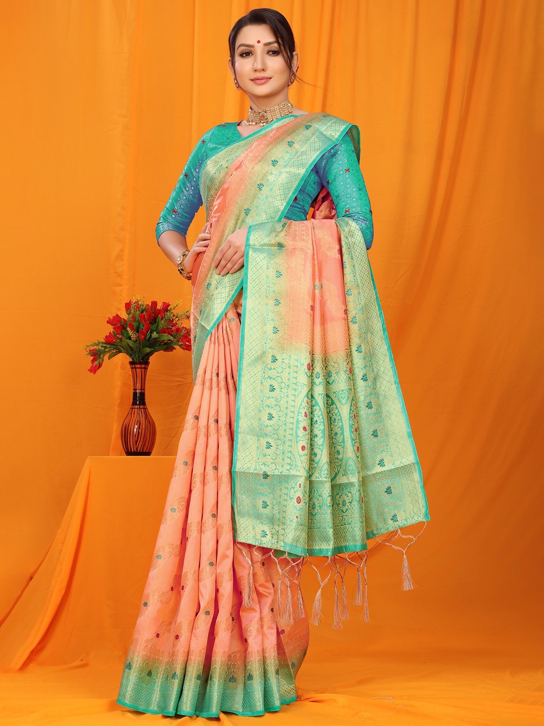 

Anaita Peach-Coloured & Green Woven Design Zari Pure Silk Banarasi Saree