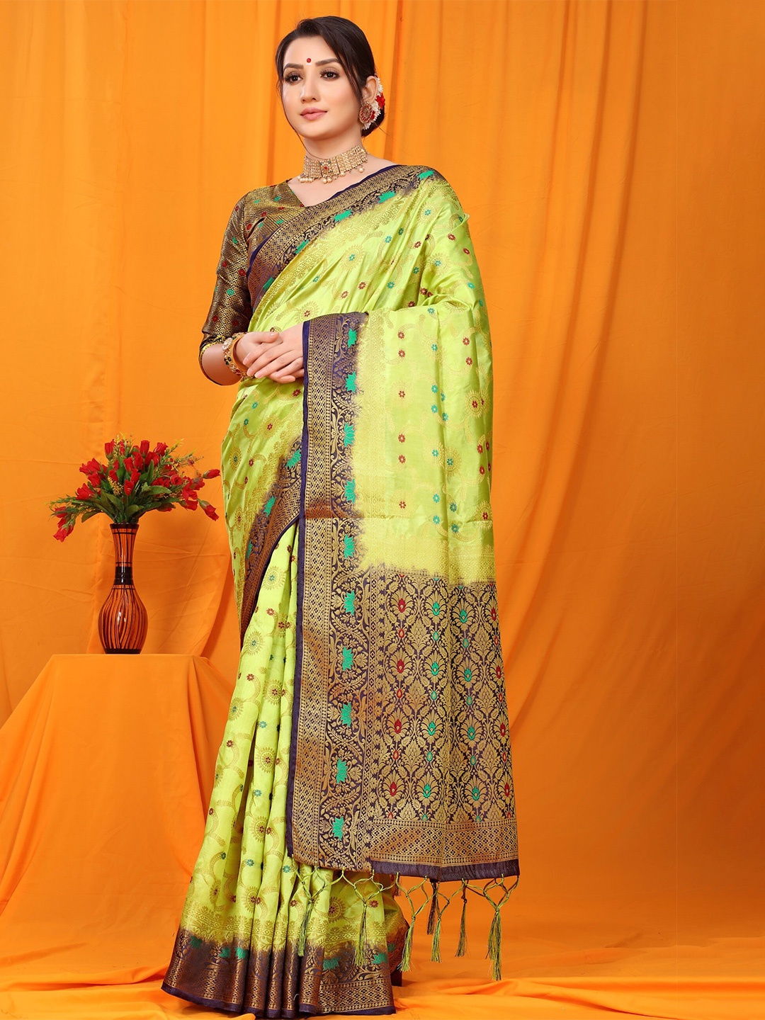 

Anaita Lime Green & Navy Blue Ethnic Motifs Zari Pure Silk Banarasi Saree