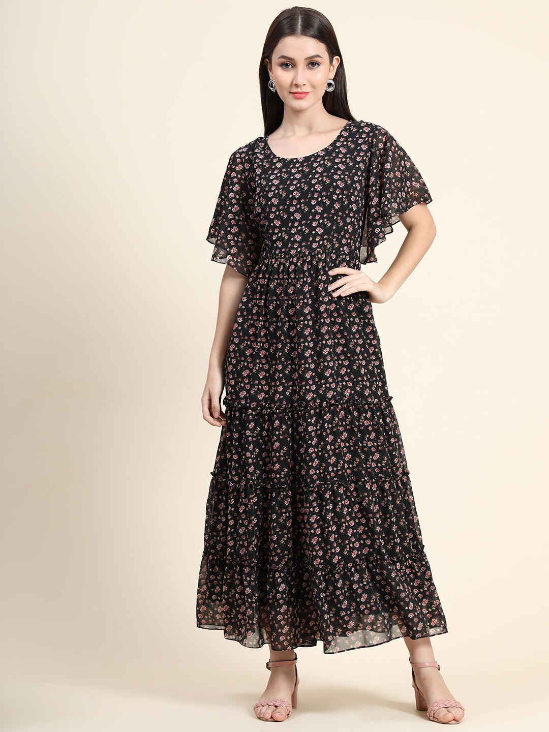 

KALINI Black & Pink Floral Printed Georgette Maxi Dress