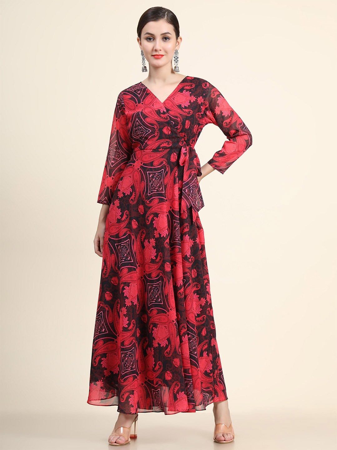 

KALINI Pink & Black Ethnic Motifs Printed Georgette Maxi Dress
