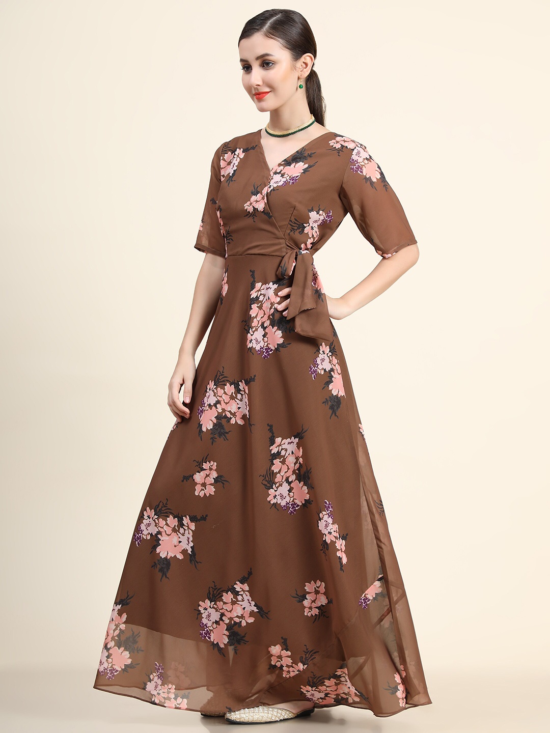 

KALINI Women Brown Floral Layered Georgette Ethnic Maxi Dress