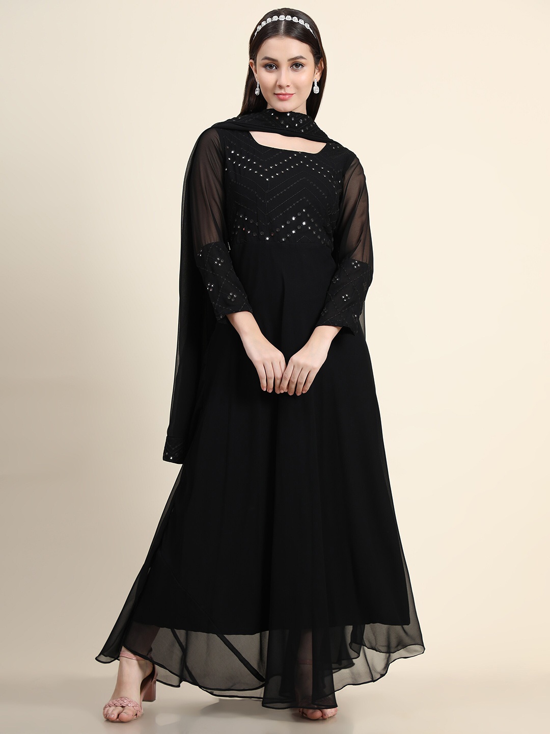 

KALINI Black Embellished Layered Georgette Ethnic Maxi Maxi Dress