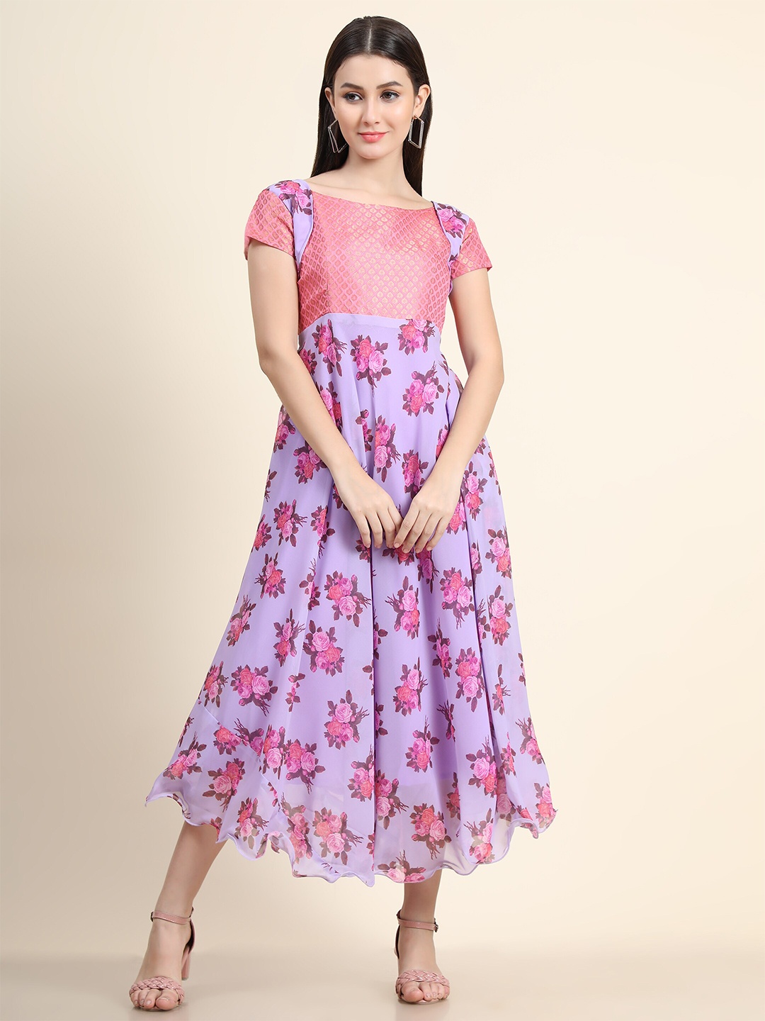 

KALINI Purple & Pink Floral Layered Ethnic Silk Maxi Dress
