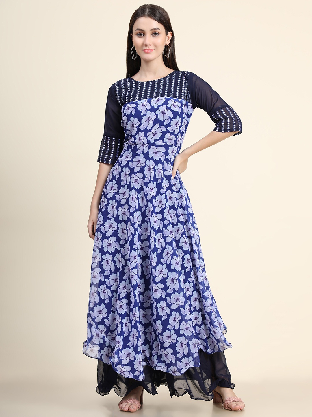 

KALINI Women Navy Blue Floral Layered Georgette Ethnic Maxi Maxi Dress