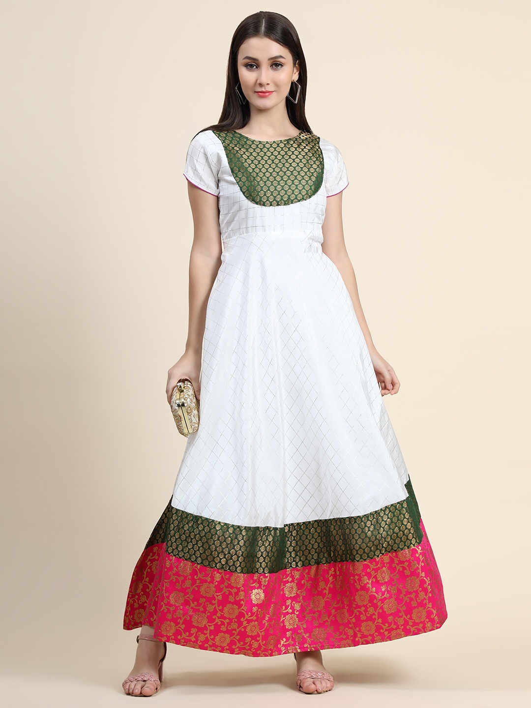 

KALINI White & Green Ethnic Motifs Jacquard Ethnic A-Line Maxi Dress