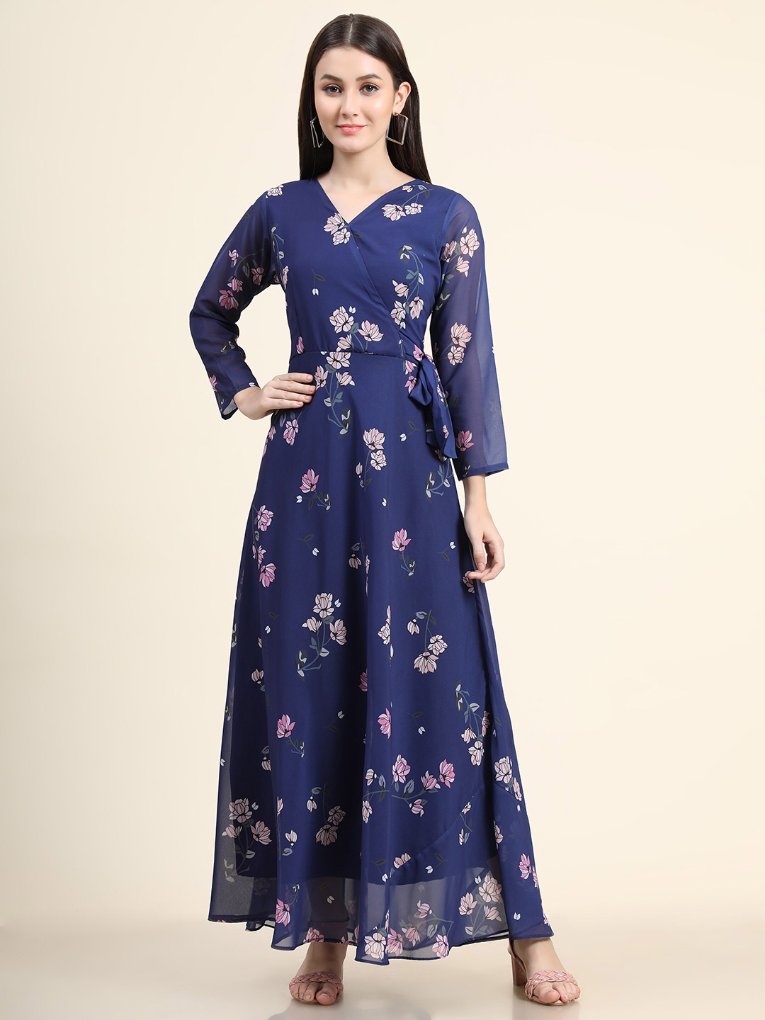 

KALINI Navy Blue & Peach-Coloured Floral Georgette Maxi Dress