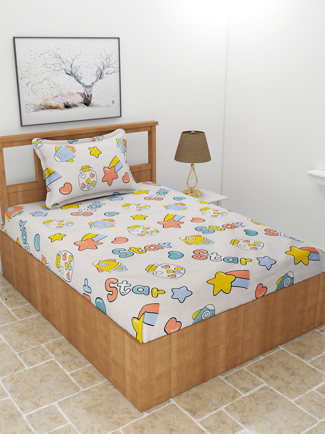

MORADO Off White & Blue Graphic 210 TC Single Bedsheet with 1 Pillow Covers
