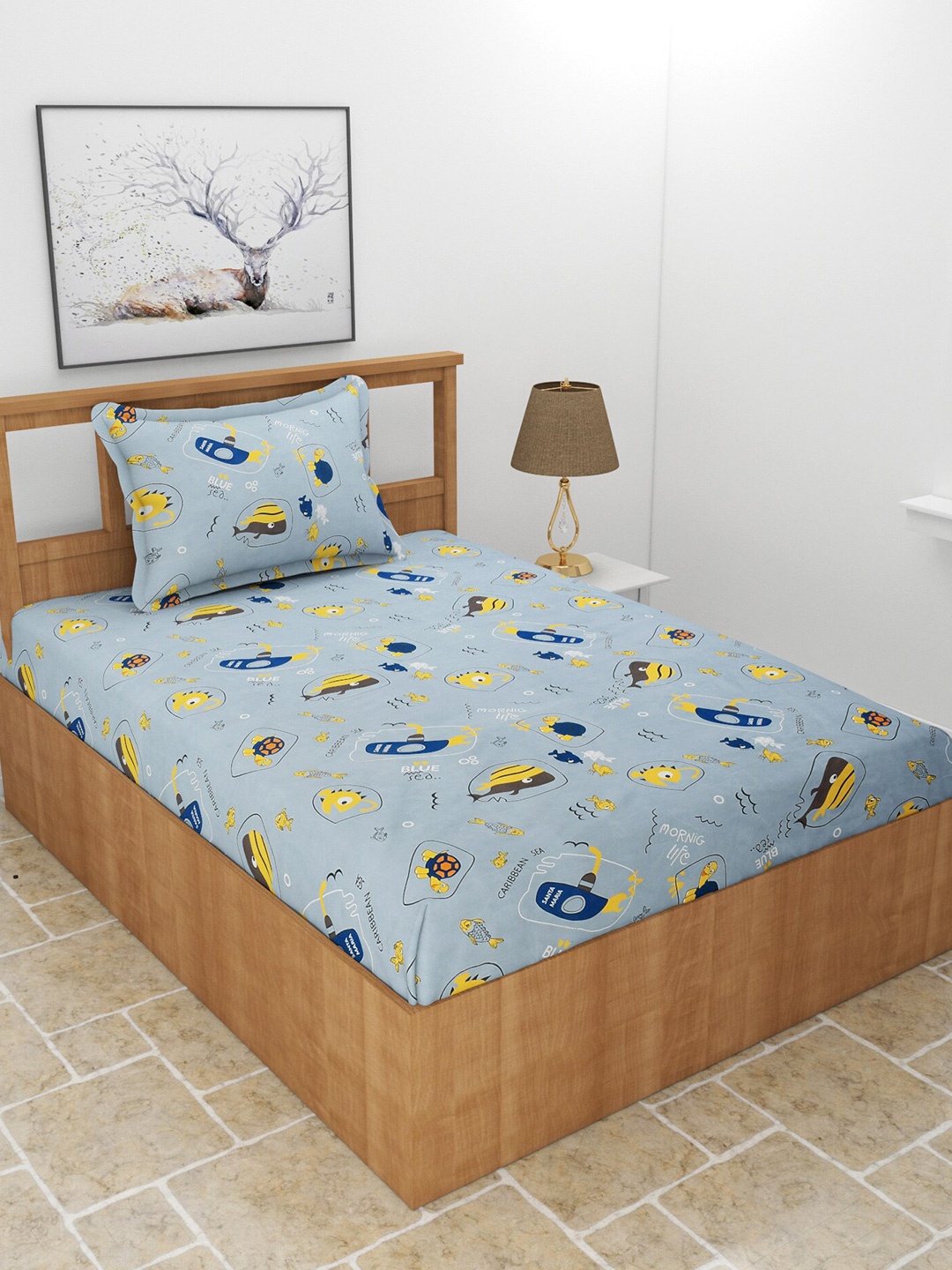 

MORADO Blue & Yellow Graphic Printed 210 TC Single Bedsheet with 1 Pillow Covers