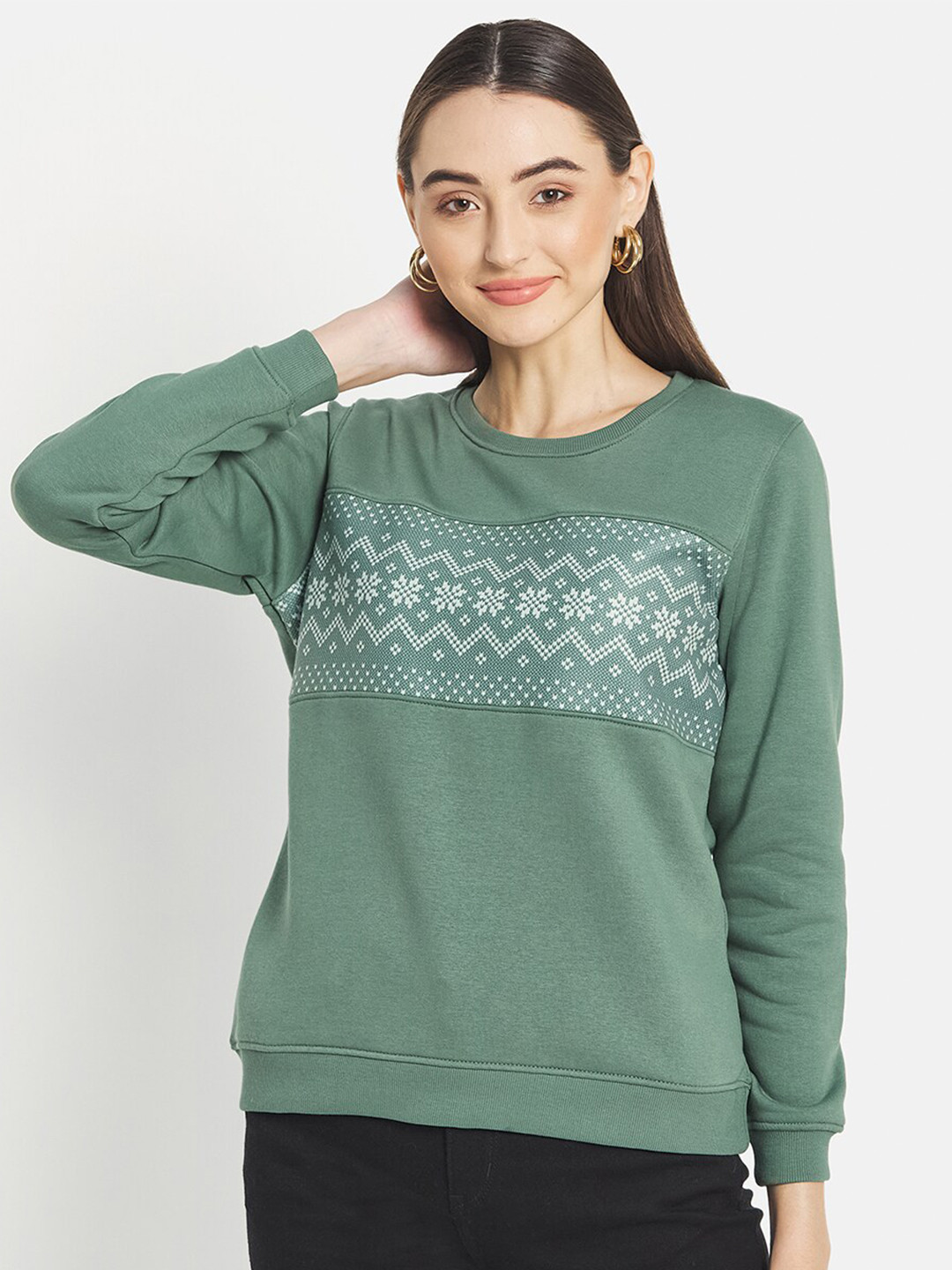 

METTLE Women Olive Green Printed Fleece Sweatshirt