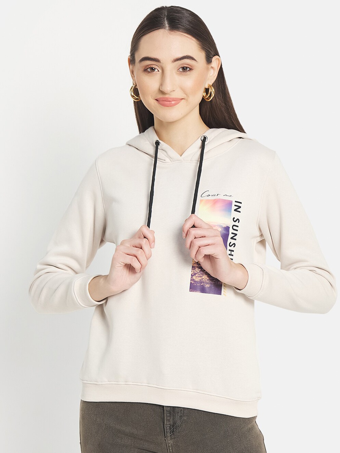 

METTLE Women Cream-Coloured Printed Hooded Sweatshirt