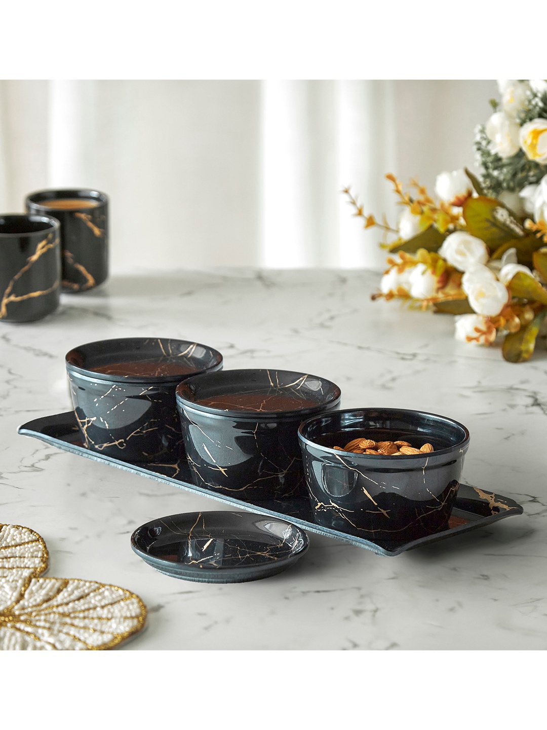 

Home Centre Black & Gold-Toned 7Pieces of Printed Melamine Glossy Bowl with Lid and Tray