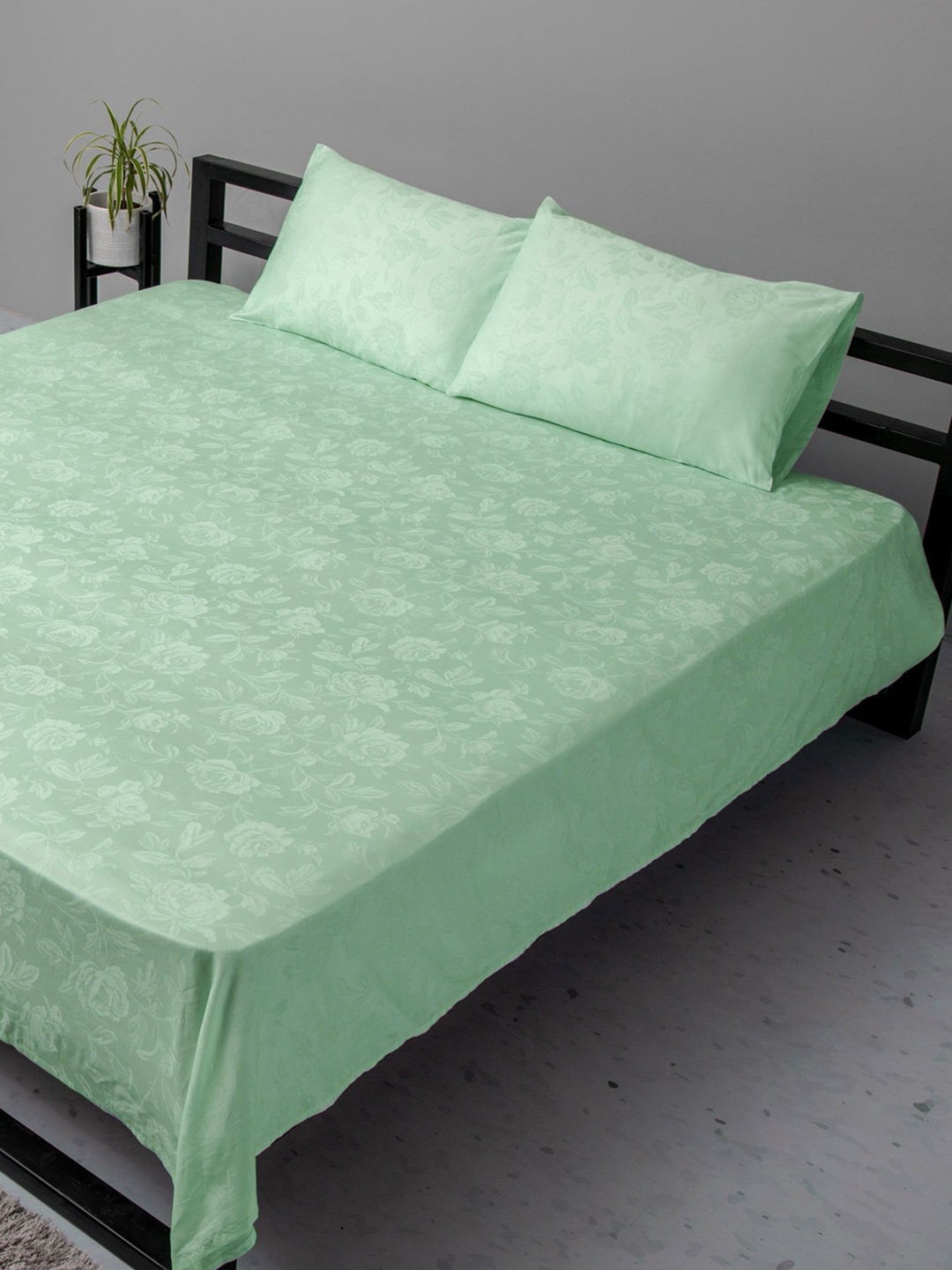 

BLUE DAHLIA Sea Green Floral Pure Cotton 300 TC King Bedsheet with 2 Pillow Covers