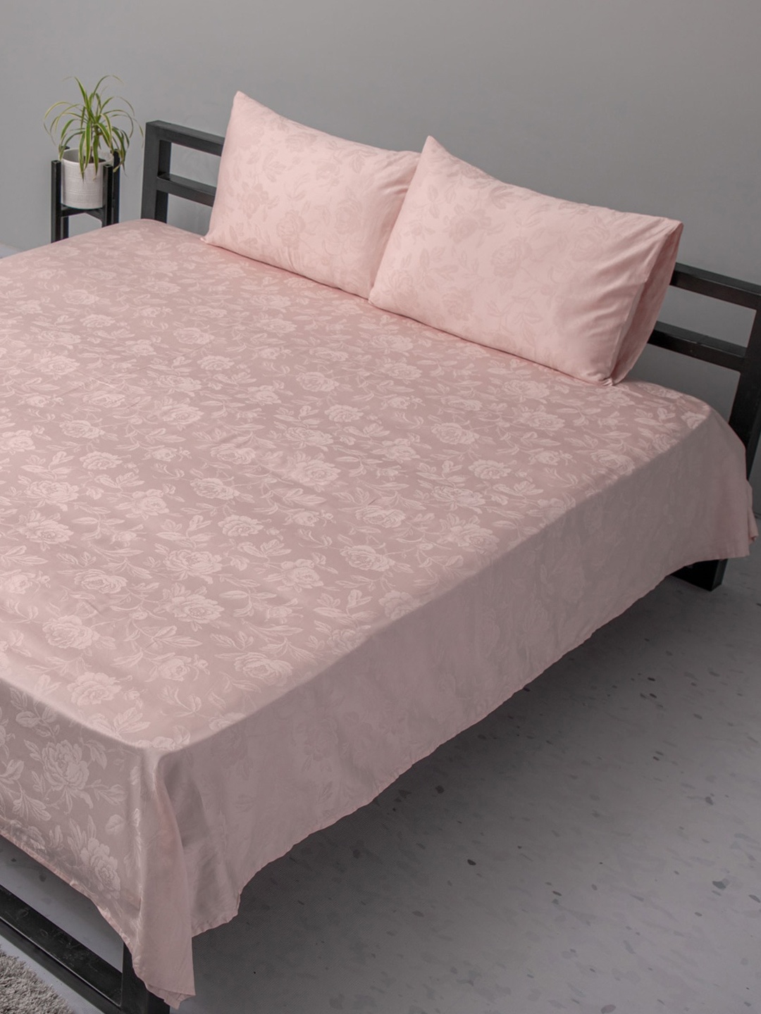 

BLUE DAHLIA Pink Floral 300 TC King Pure Cotton Bedsheet with 2 Pillow Covers
