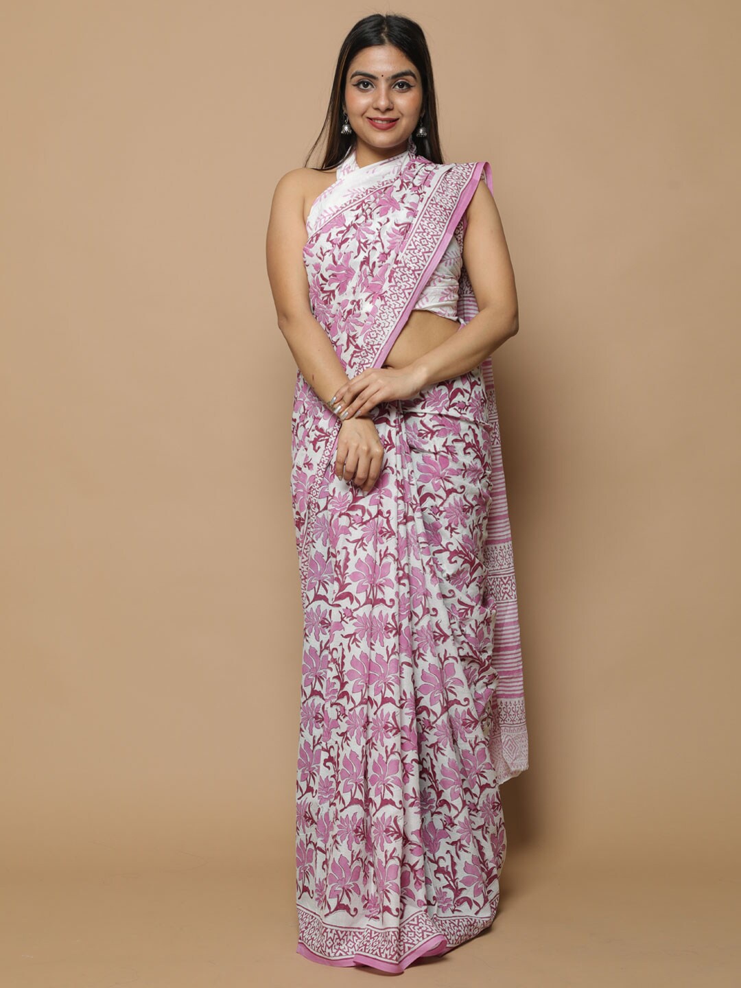 

BUTA BUTI Pink & Off White Floral Pure Cotton Bagru Saree