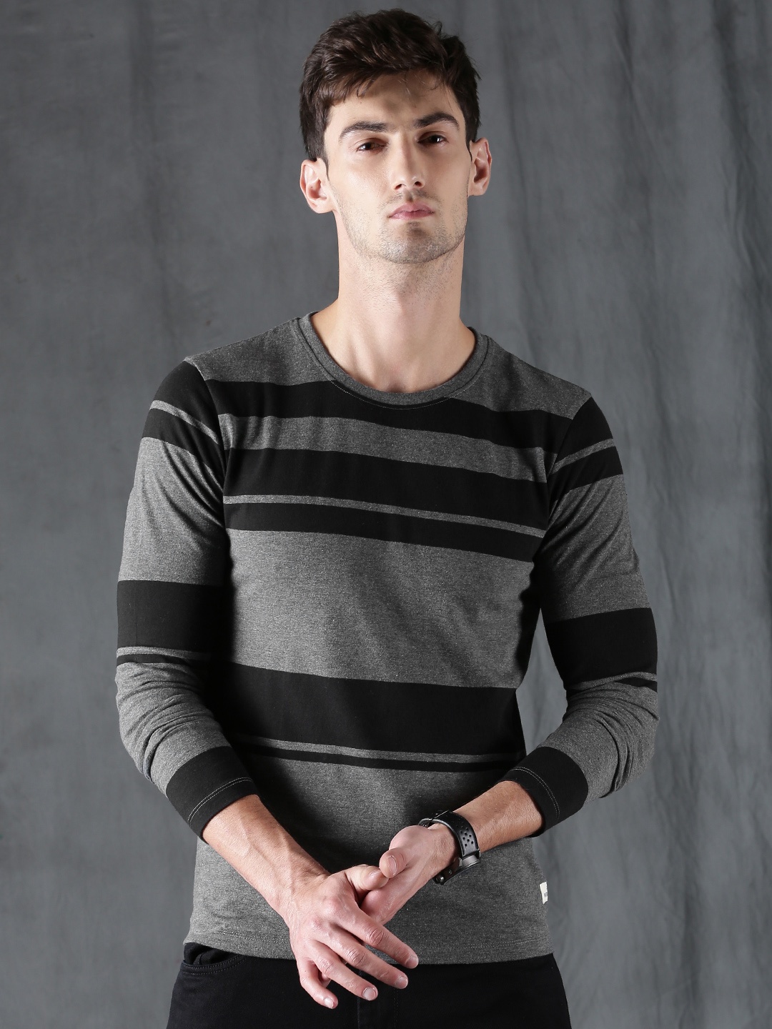 

WROGN Men Charcoal Grey Black Striped Round Neck Pure Cotton T-shirt