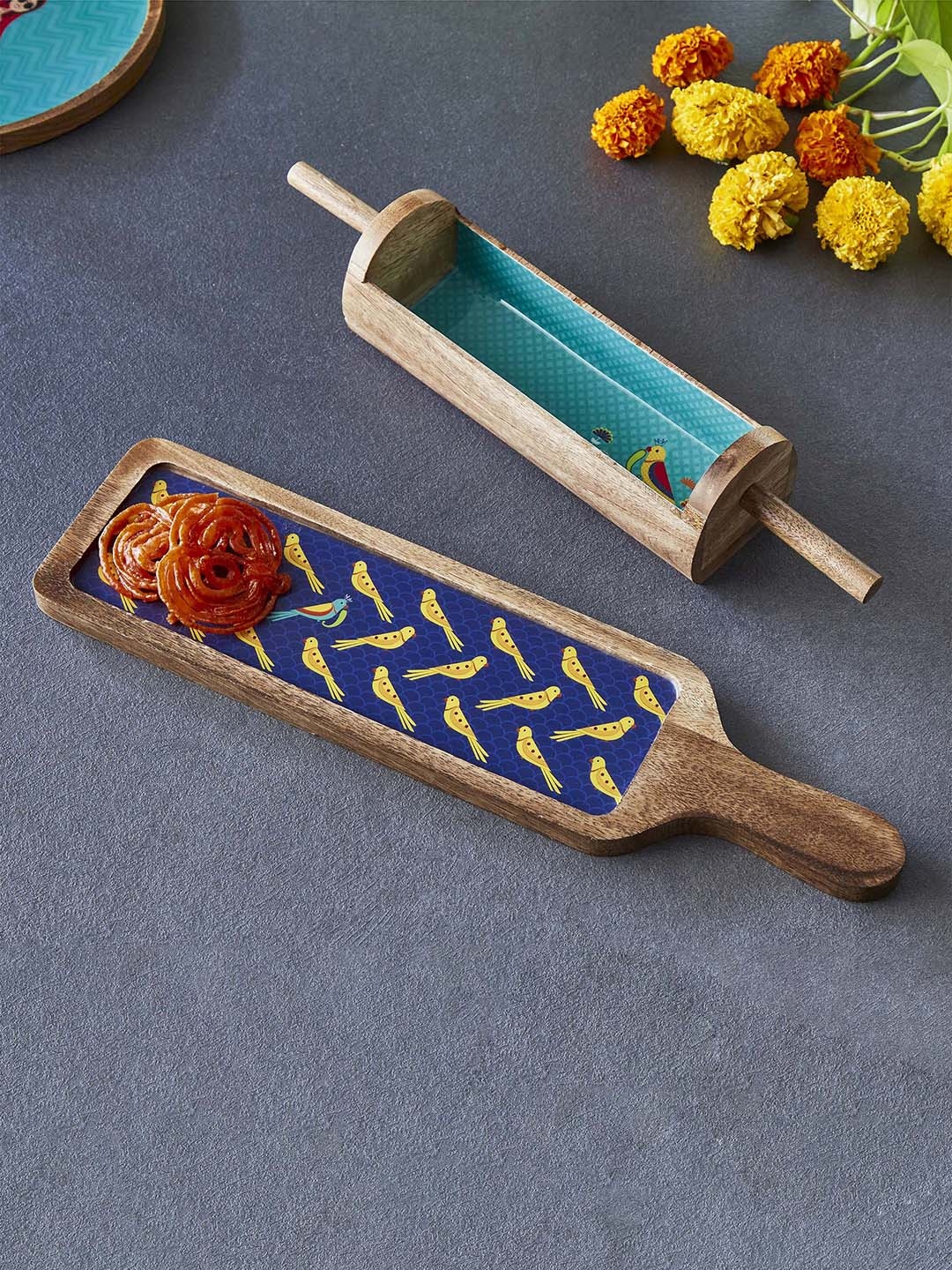 

Home Centre Set of 2 Turquoise Blue & Blue Printed Wood Serving Tray