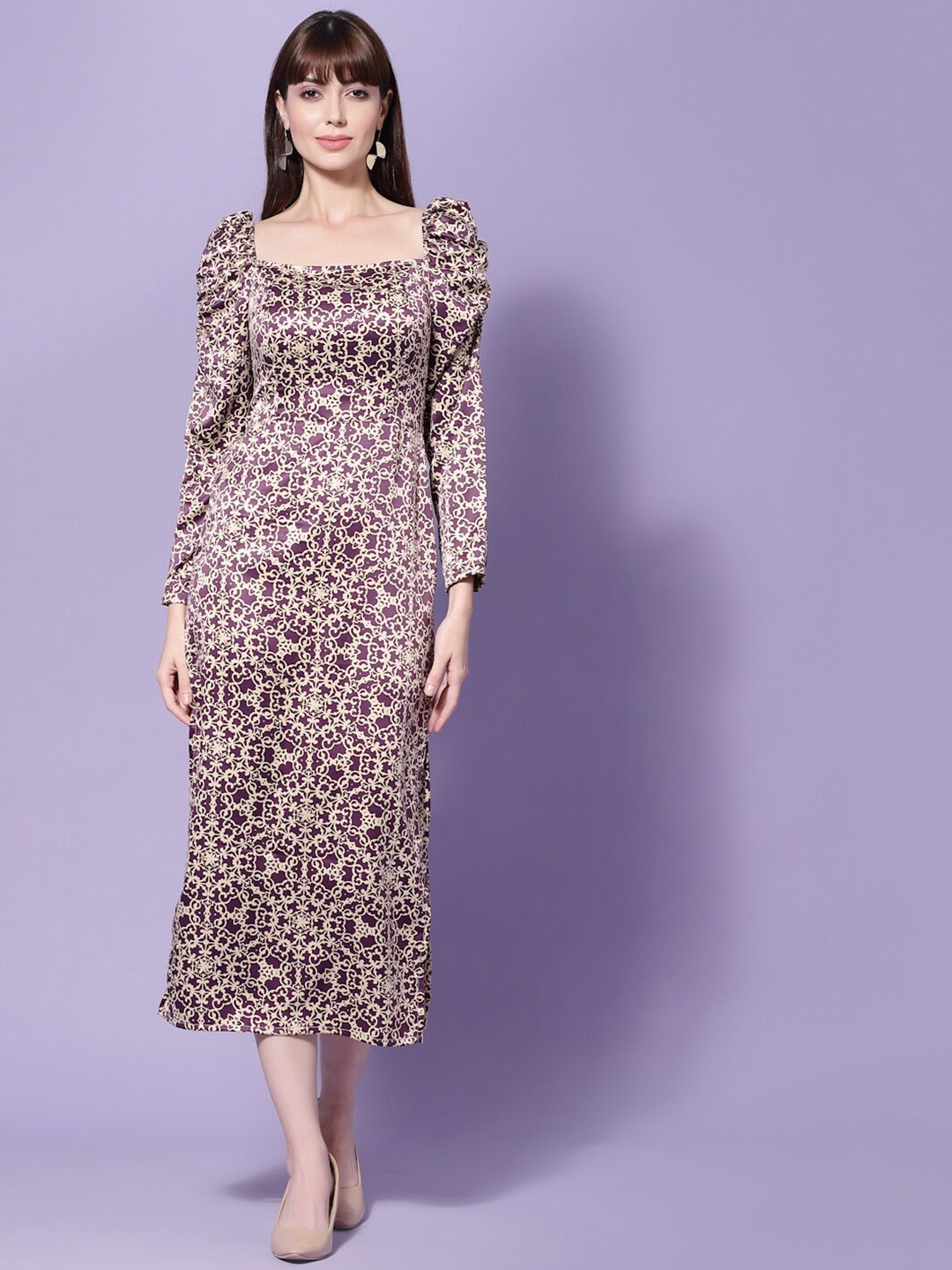 

FLAWLESS Purple Ethnic Motifs A-Line Midi Dress Comes with a scrunchie