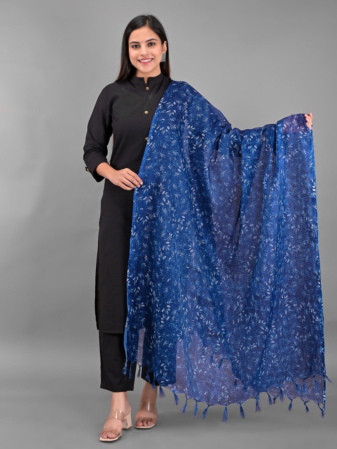 

Apratim Blue And Off White Floral Block Printed Dupatta
