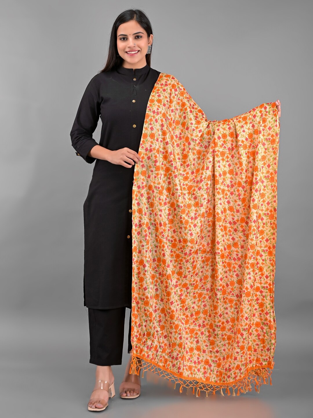 

Apratim Beige And Orange Flower Printed Tasseled Border Dupatta