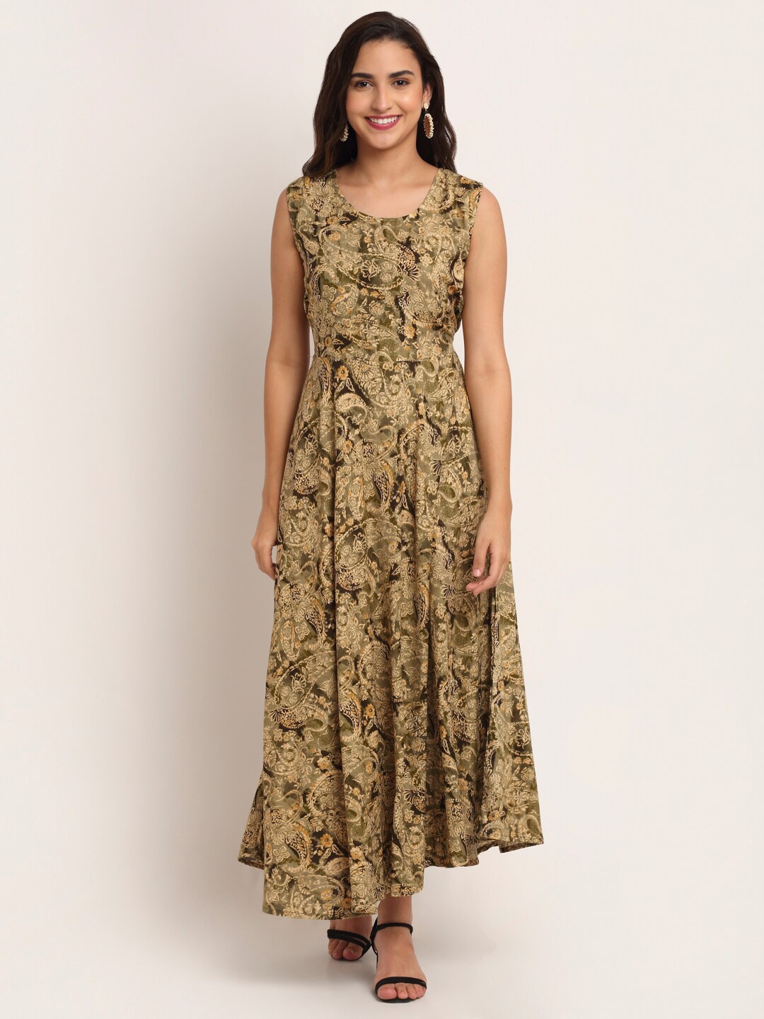 

Aawari Green & Cream-Coloured Floral Printed Maxi Dress