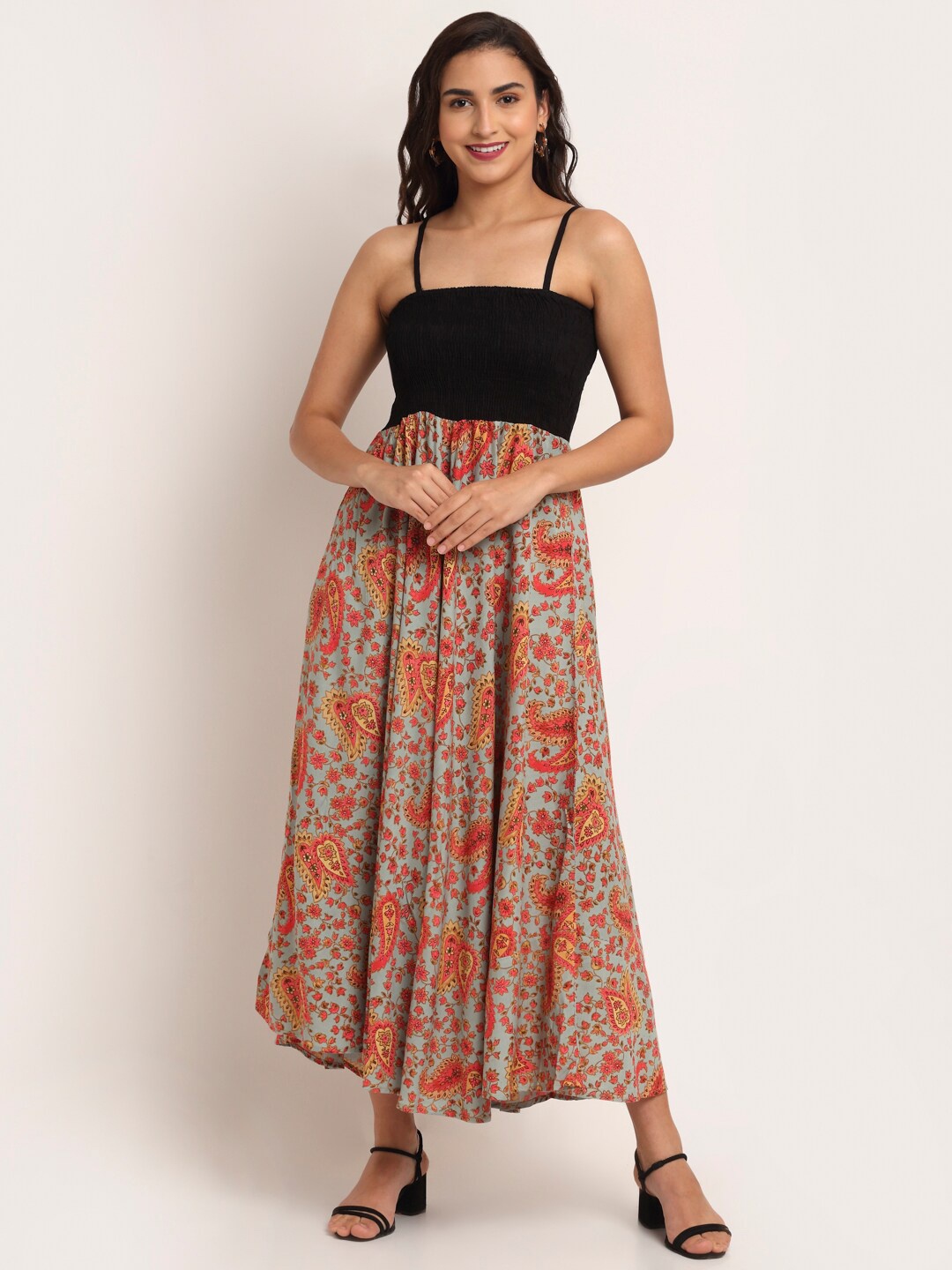 

Aawari Turquoise Blue & Orange Floral Printed Maxi Dress