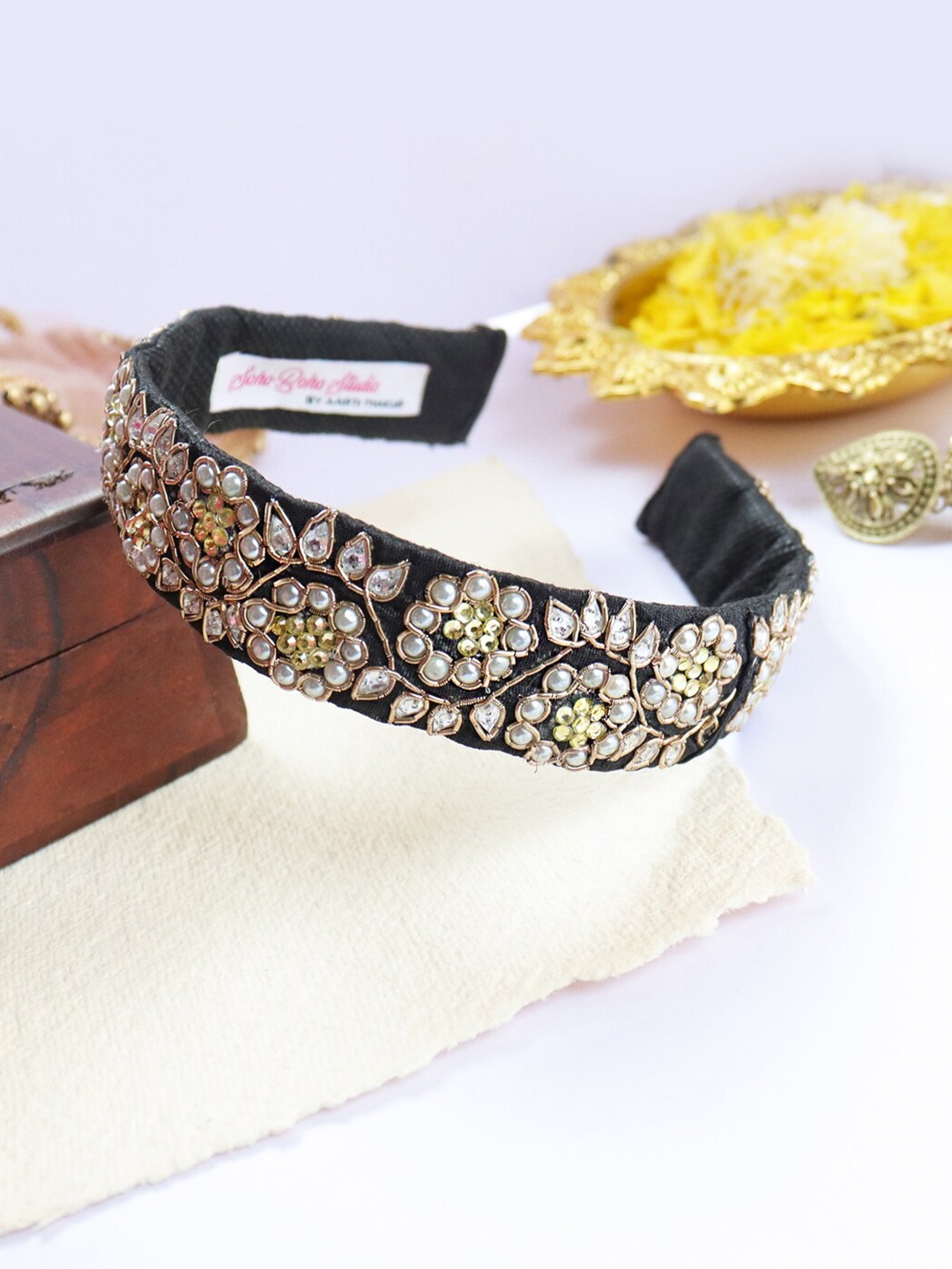 

Soho Boho Studio Women Black & Gold-Toned Embroidered Hairband