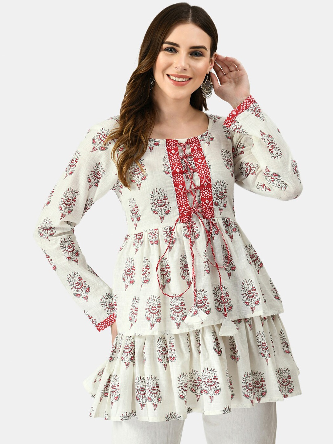 

KALINI Women White & Red Floral Print Ruffles Top