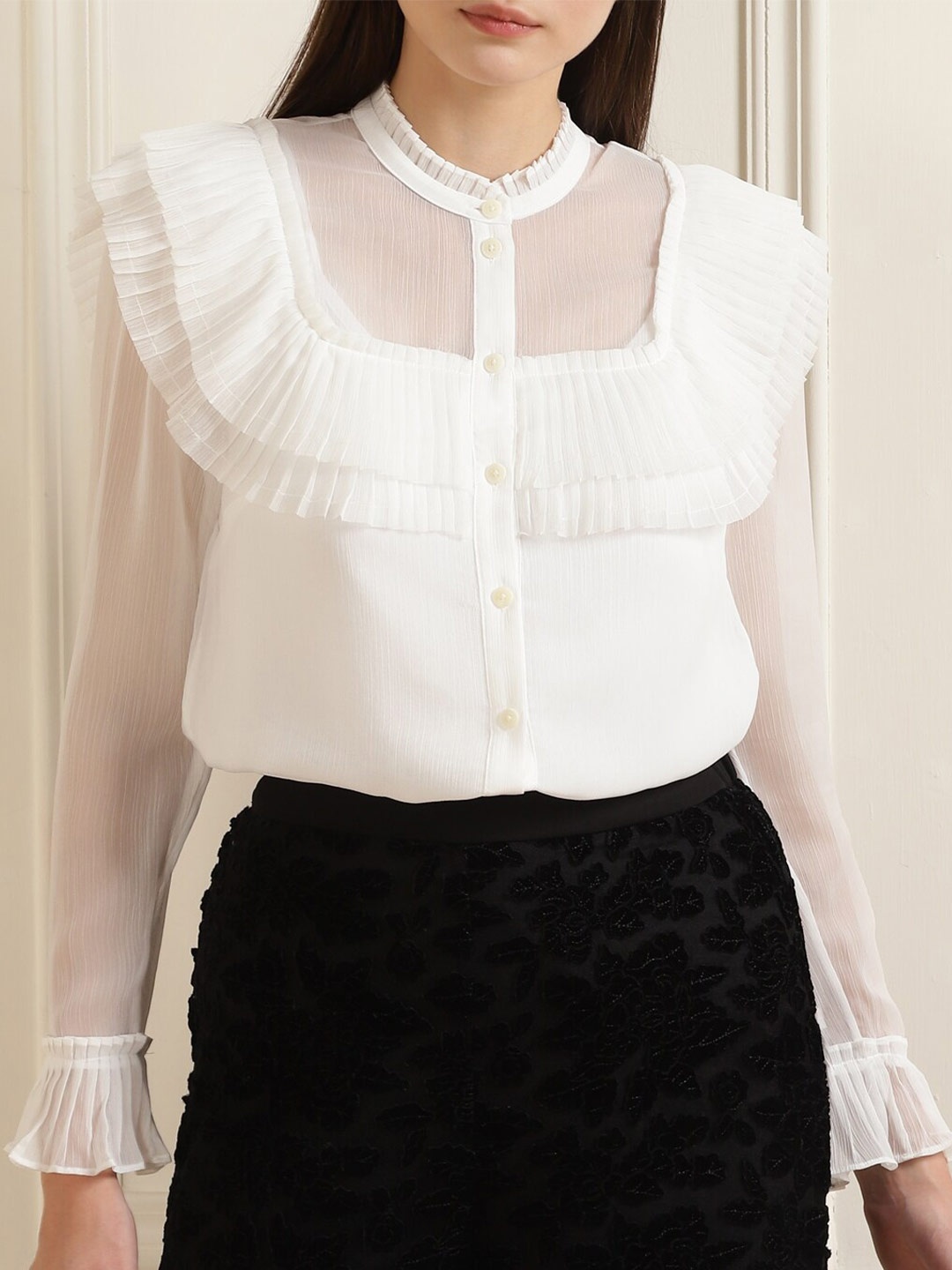 

Ted Baker Women White Solid Ruffle Long Sleeves Top