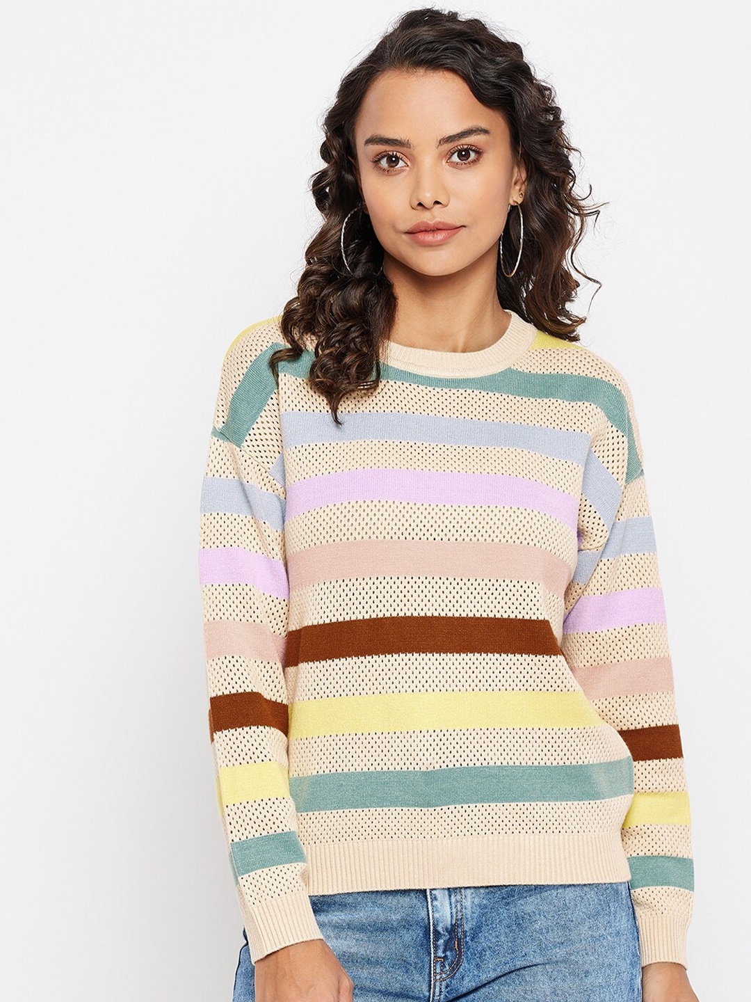 

Madame Women Plus size Beige & Blue Striped Extended Sleeves Top