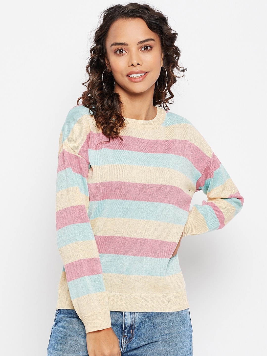 

Madame Beige Striped Extended Sleeves Top
