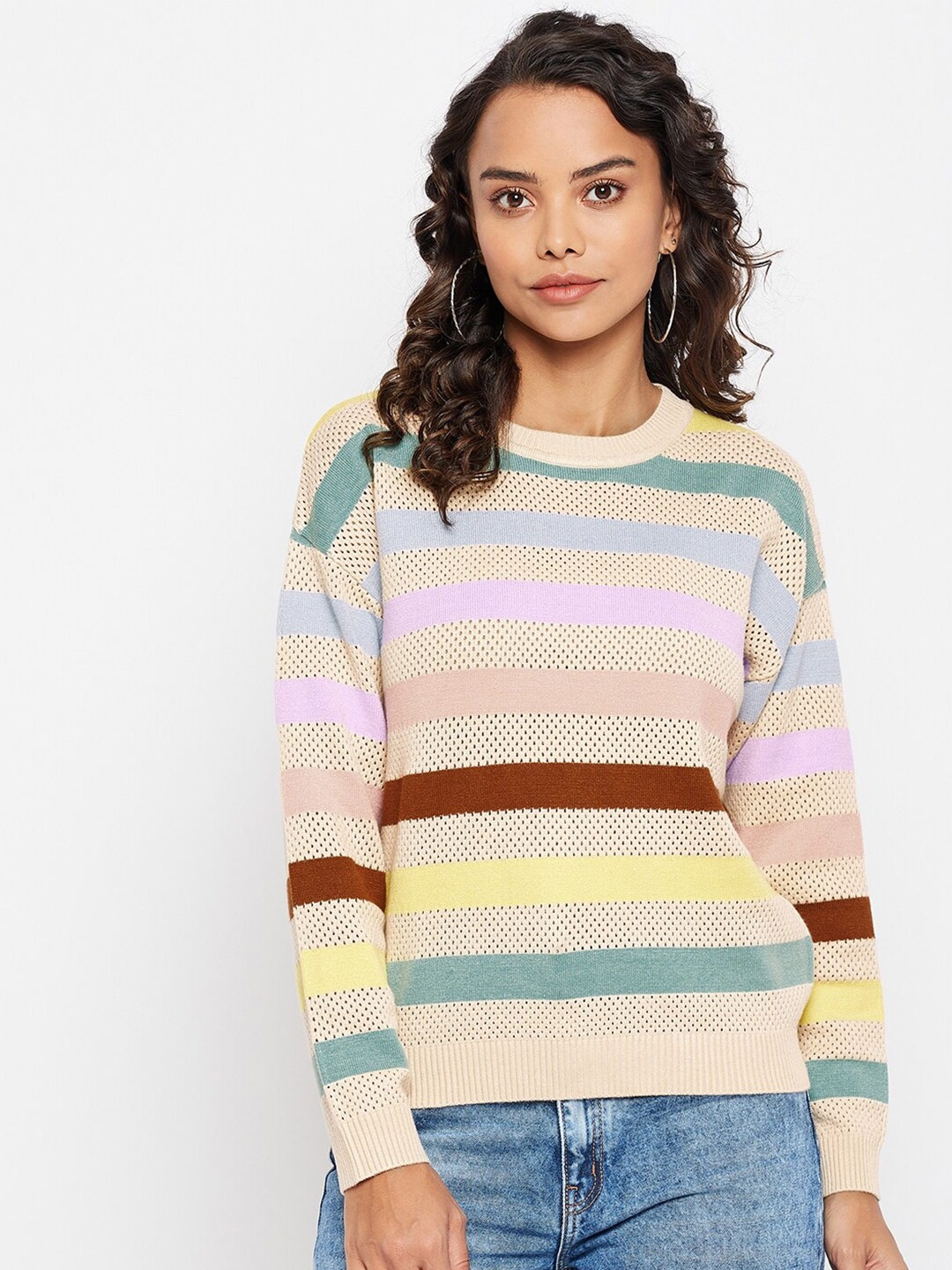 

Madame Women Plus Size Beige & Green Striped Sweatshirt