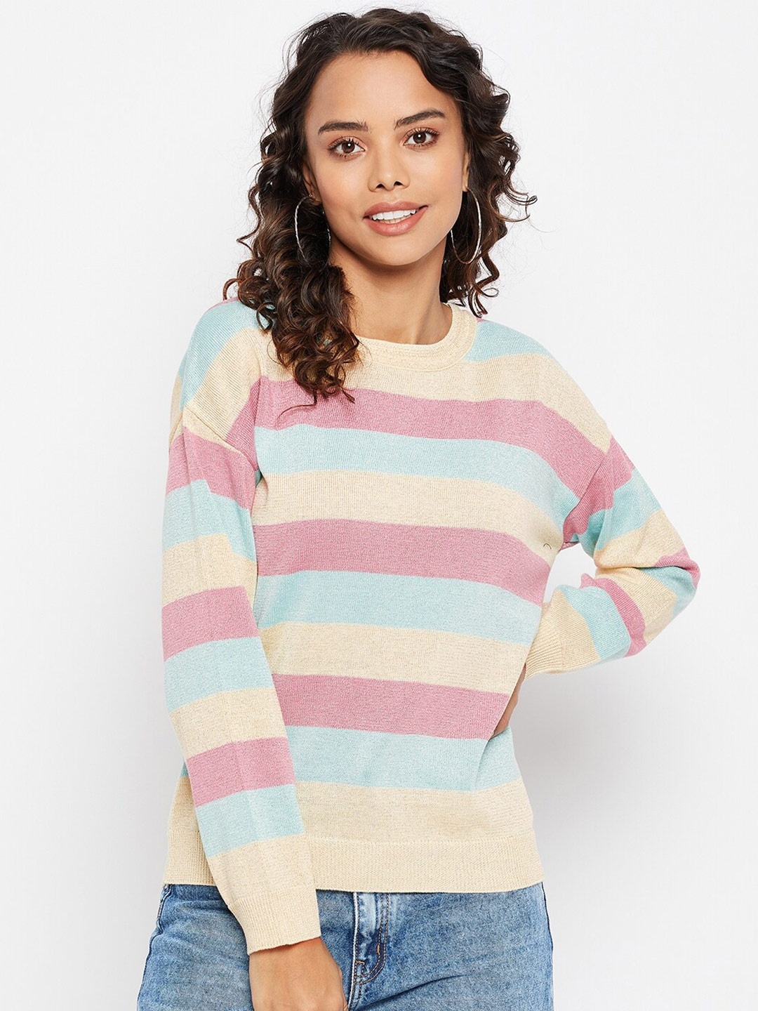 

Madame Women Beige & Pink Striped Sweatshirt