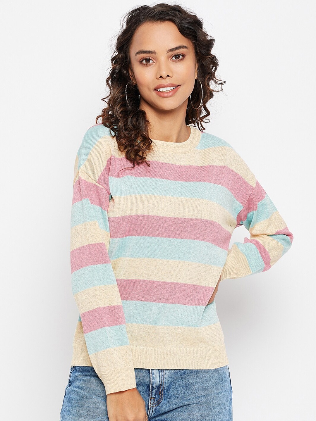 

Madame Women Plus Size Beige Striped Sweatshirt