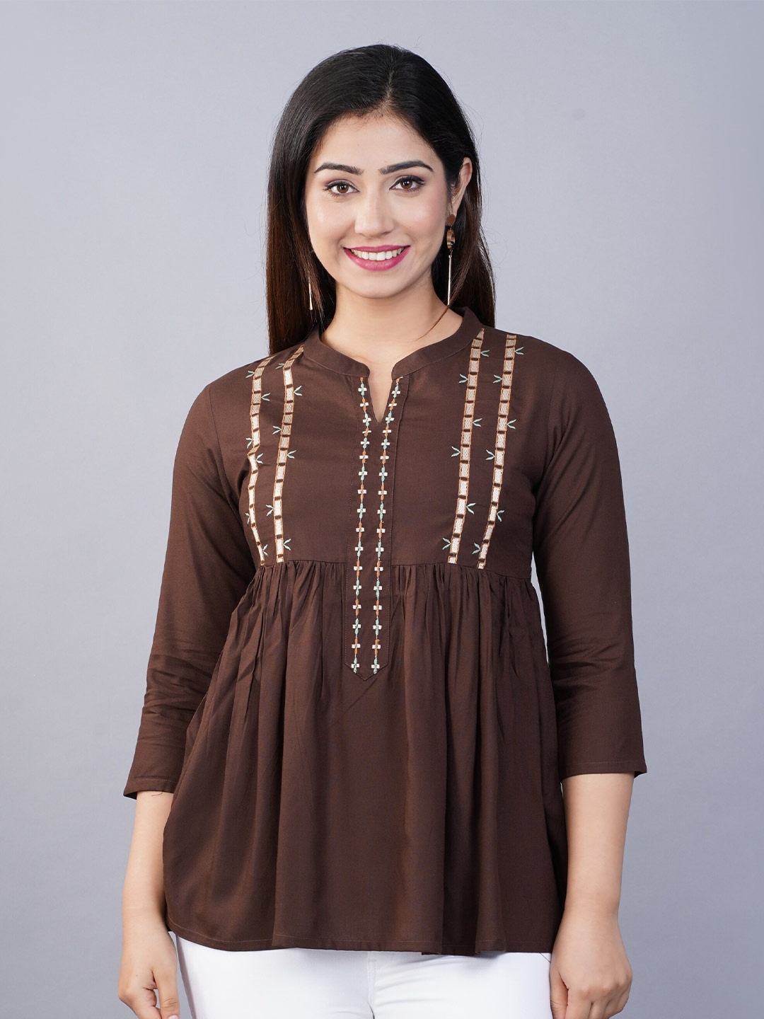

NITVAN Women Brown Mandarin Collar Empire Top