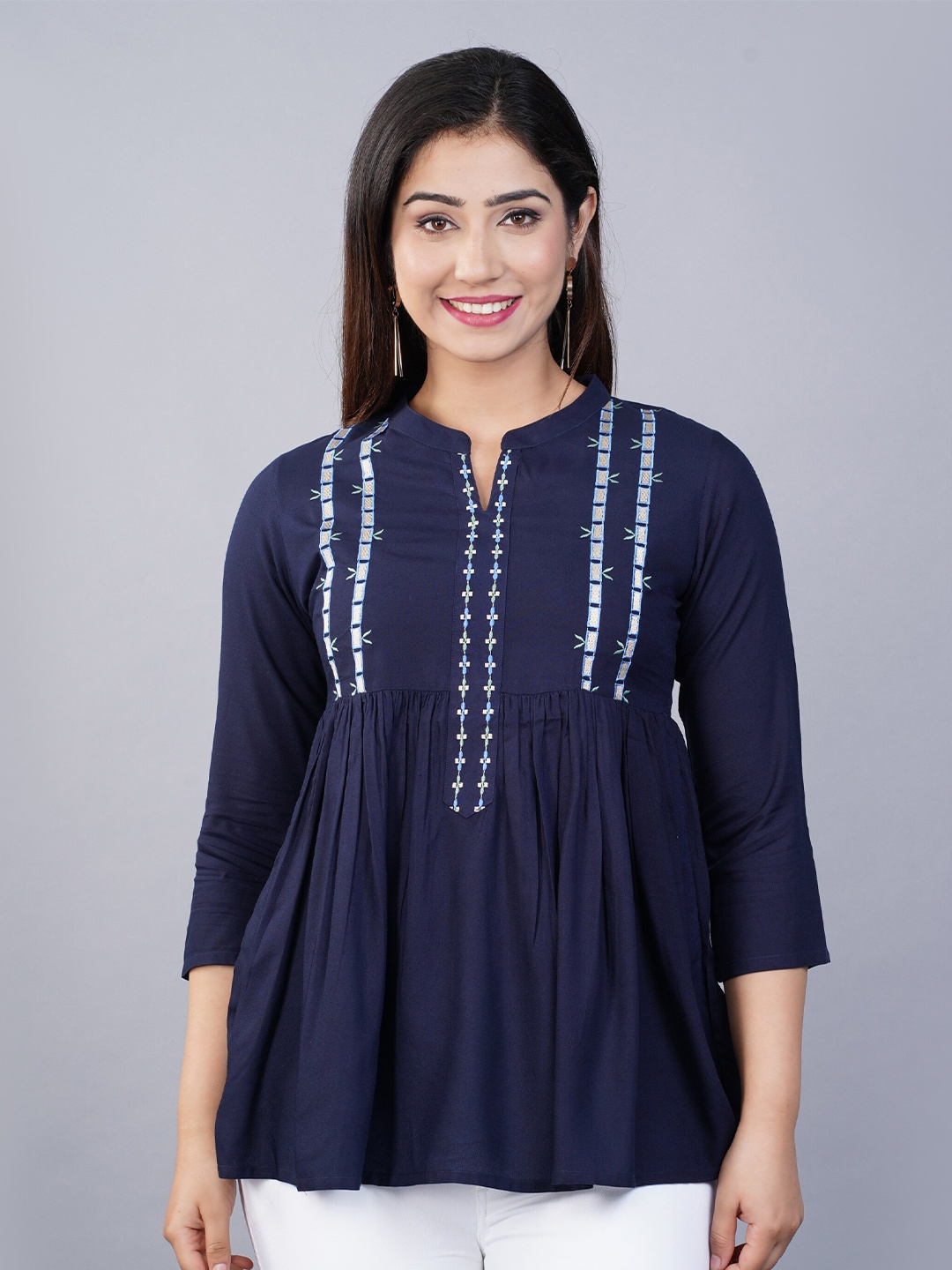 

NITVAN Women Navy Blue Geometric Embroidered Mandarin Collar Empire Top