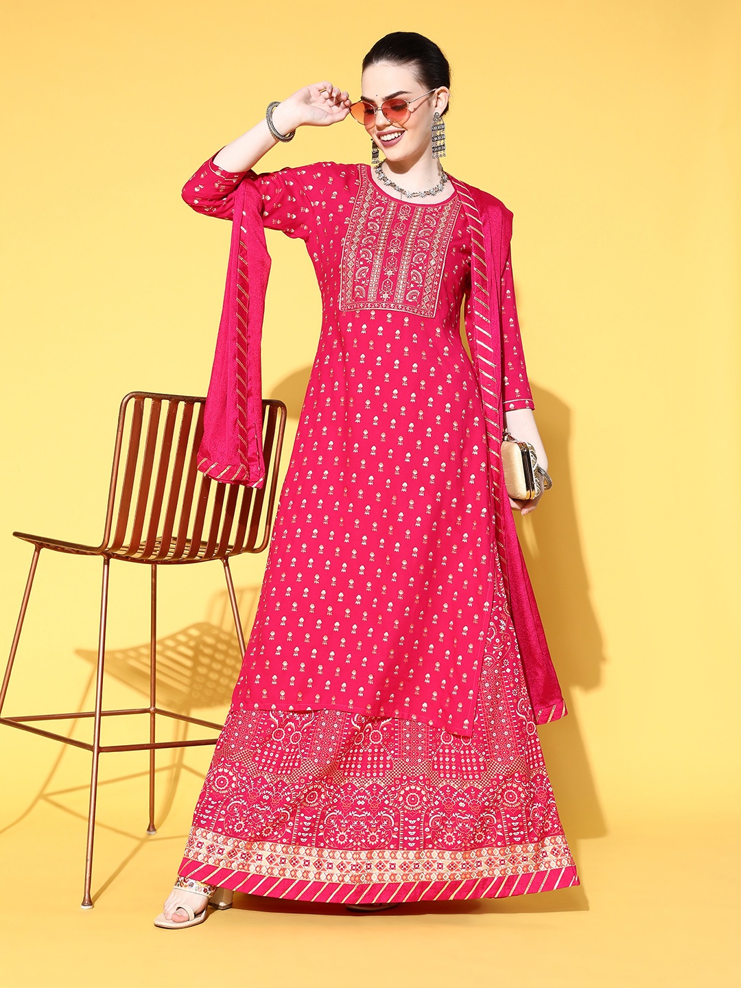

SheWill Women Pink Floral Embroidered Kurta with Skirt & With Dupatta
